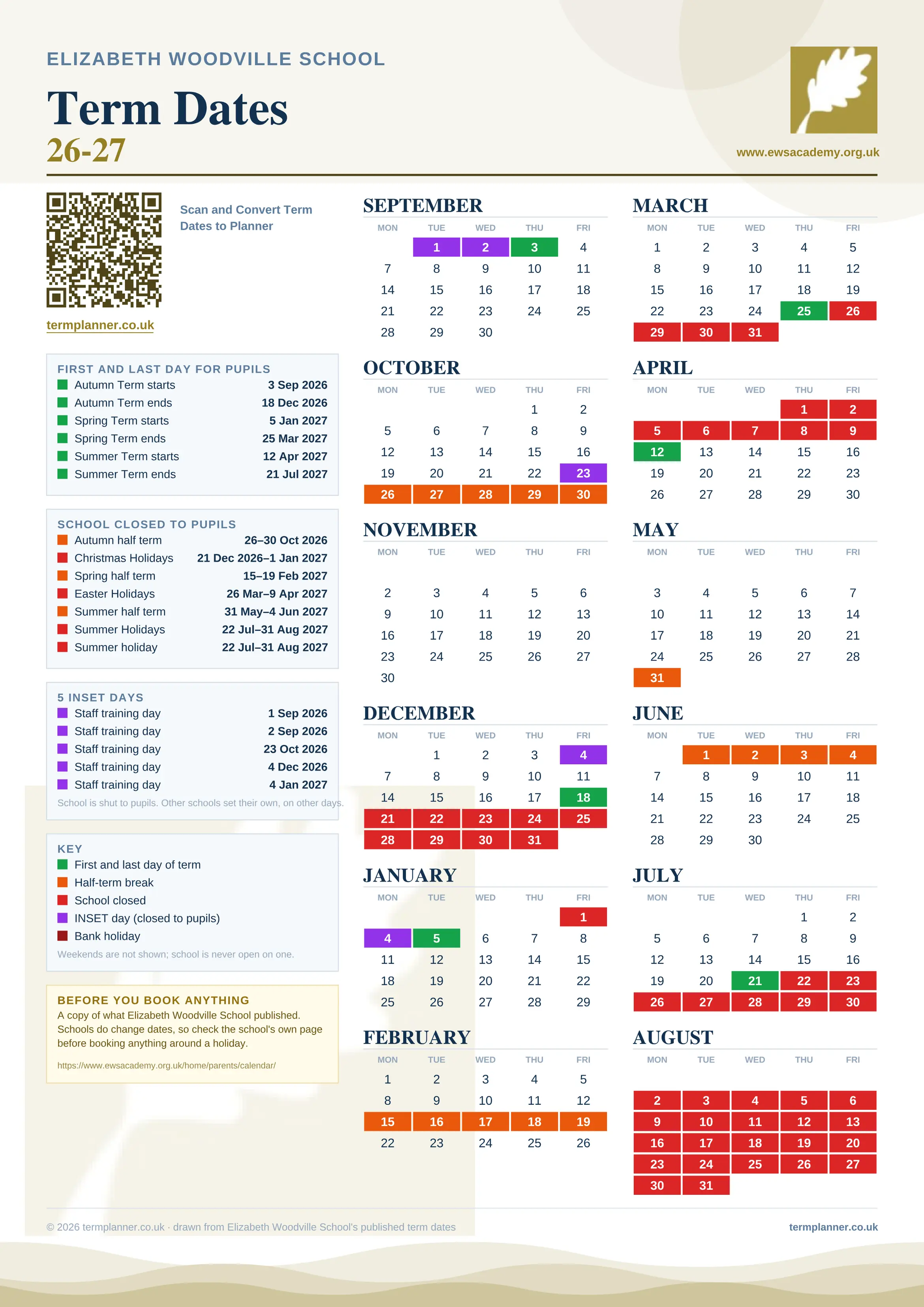 Elizabeth Woodville School’s 2026/27 school year drawn as one sheet: twelve month grids from September to August, Monday to Friday, with autumn term 3 September to 18 December 2026, spring term 5 January to 25 March 2027, summer term 12 April to 21 July 2027. Half terms, holidays and bank holidays are filled in colour, the first and last day of each term is marked, 5 INSET days are picked out, and every date is listed again in words down the left.