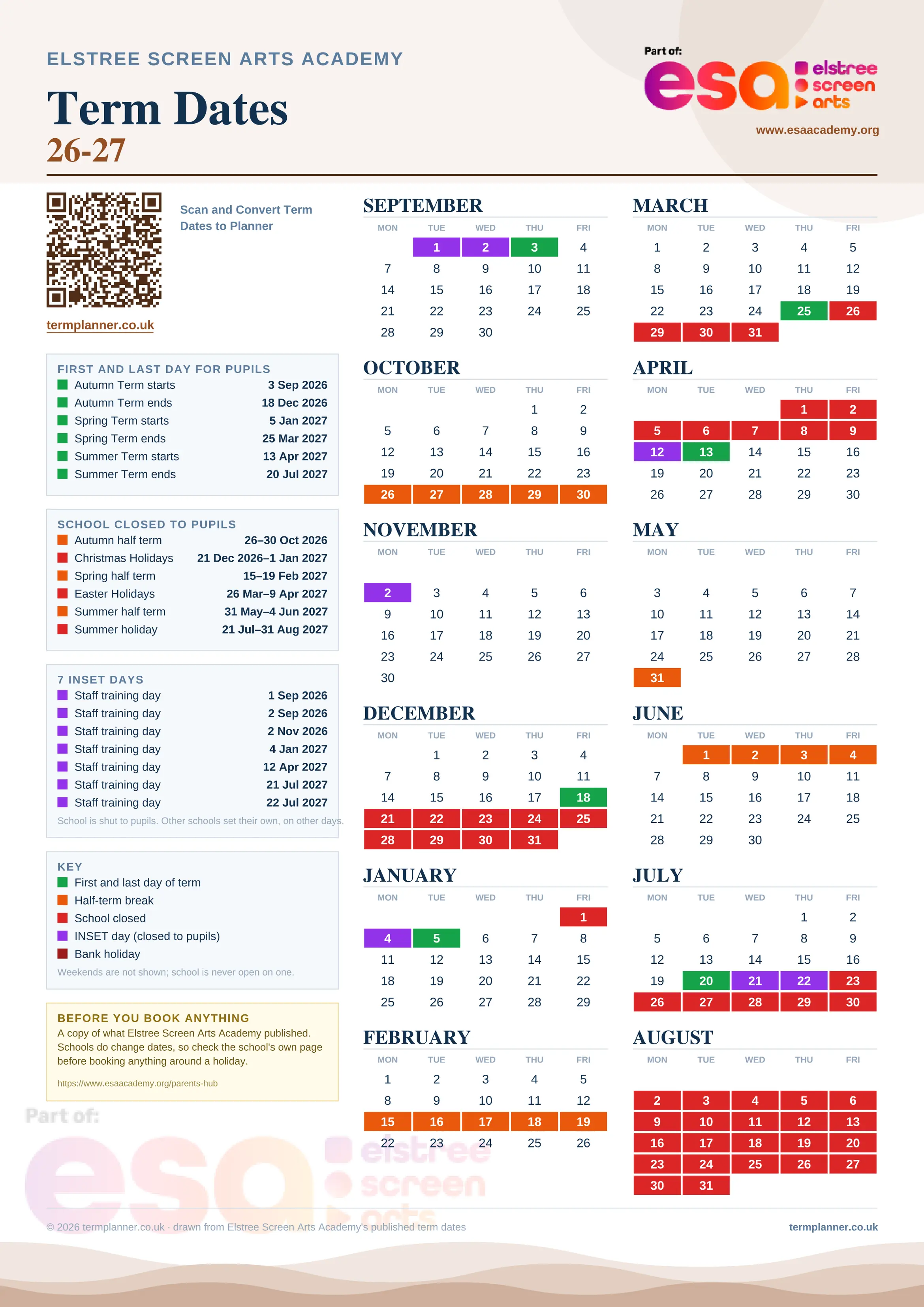 Elstree Screen Arts Academy’s 2026/27 school year drawn as one sheet: twelve month grids from September to August, Monday to Friday, with autumn term 3 September to 18 December 2026, spring term 5 January to 25 March 2027, summer term 13 April to 20 July 2027. Half terms, holidays and bank holidays are filled in colour, the first and last day of each term is marked, 7 INSET days are picked out, and every date is listed again in words down the left.
