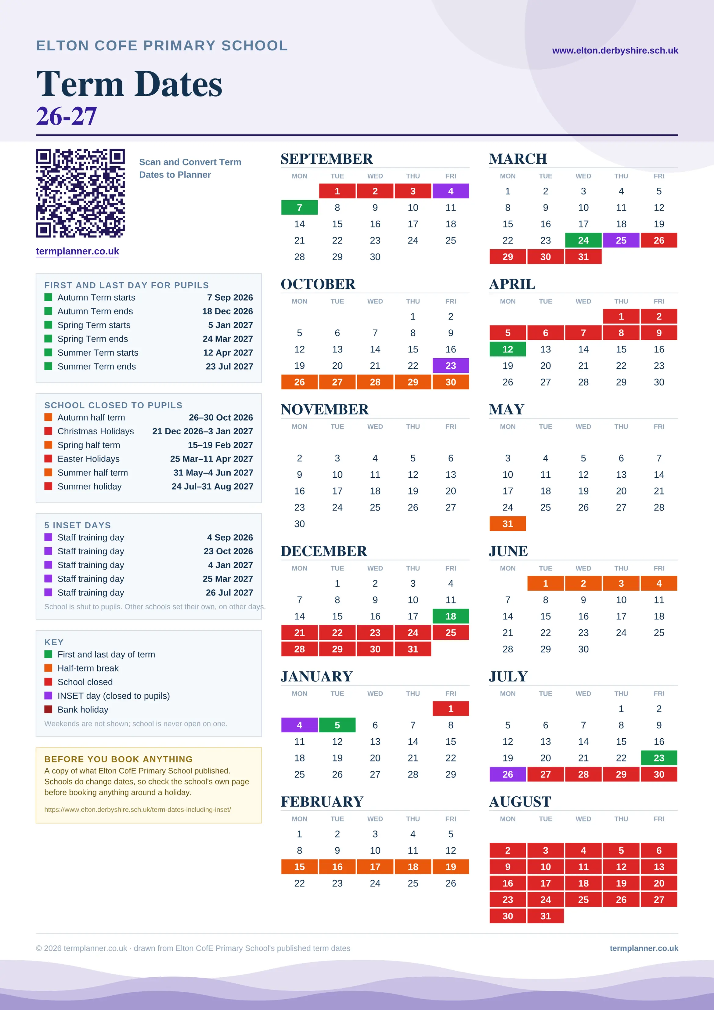 Elton CofE Primary School’s 2026/27 school year drawn as one sheet: twelve month grids from September to August, Monday to Friday, with autumn term 7 September to 18 December 2026, spring term 5 January to 24 March 2027, summer term 12 April to 23 July 2027. Half terms, holidays and bank holidays are filled in colour, the first and last day of each term is marked, 5 INSET days are picked out, and every date is listed again in words down the left.