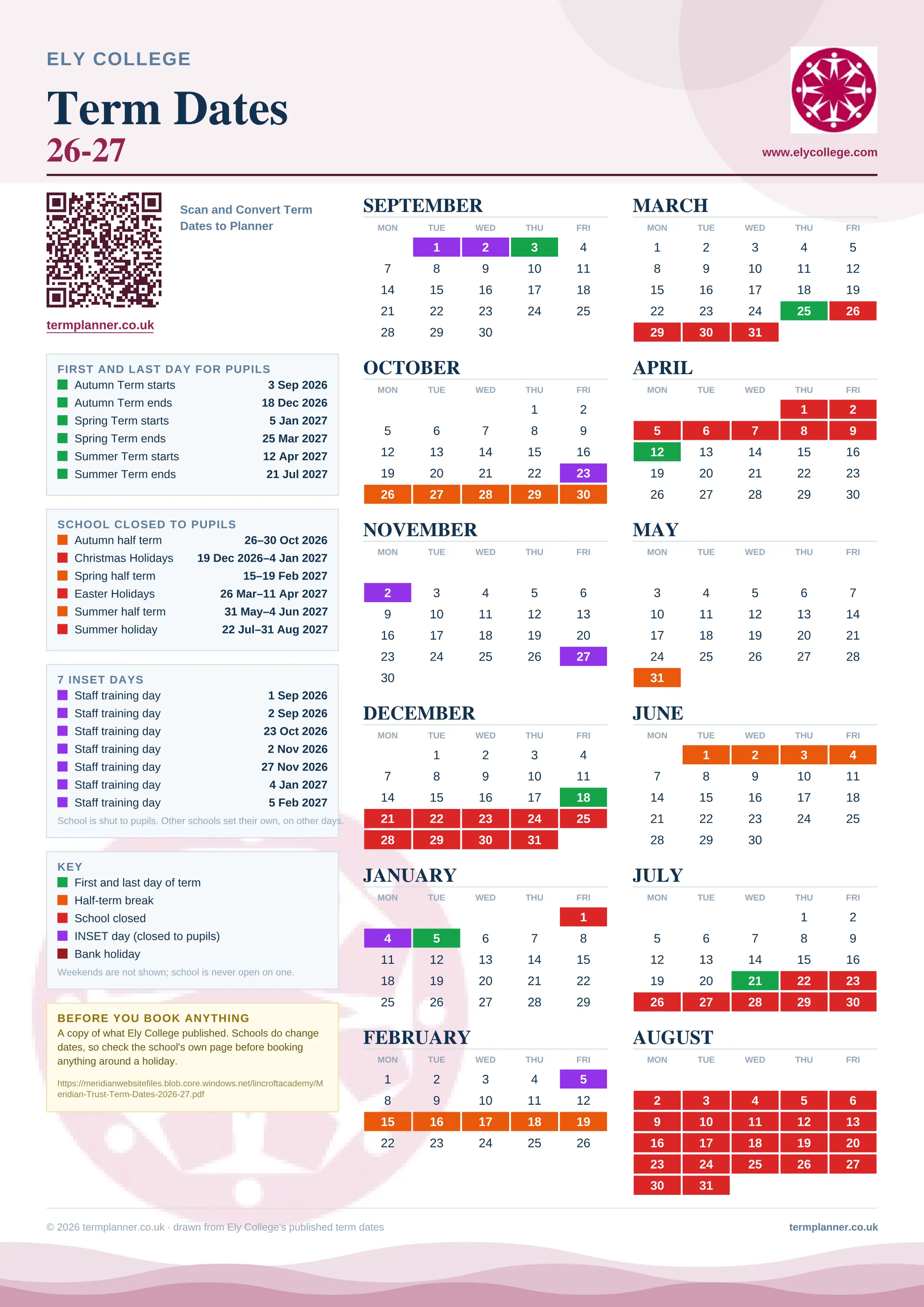 Ely College’s 2026/27 school year drawn as one sheet: twelve month grids from September to August, Monday to Friday, with autumn term 3 September to 18 December 2026, spring term 5 January to 25 March 2027, summer term 12 April to 21 July 2027. Half terms, holidays and bank holidays are filled in colour, the first and last day of each term is marked, 7 INSET days are picked out, and every date is listed again in words down the left.