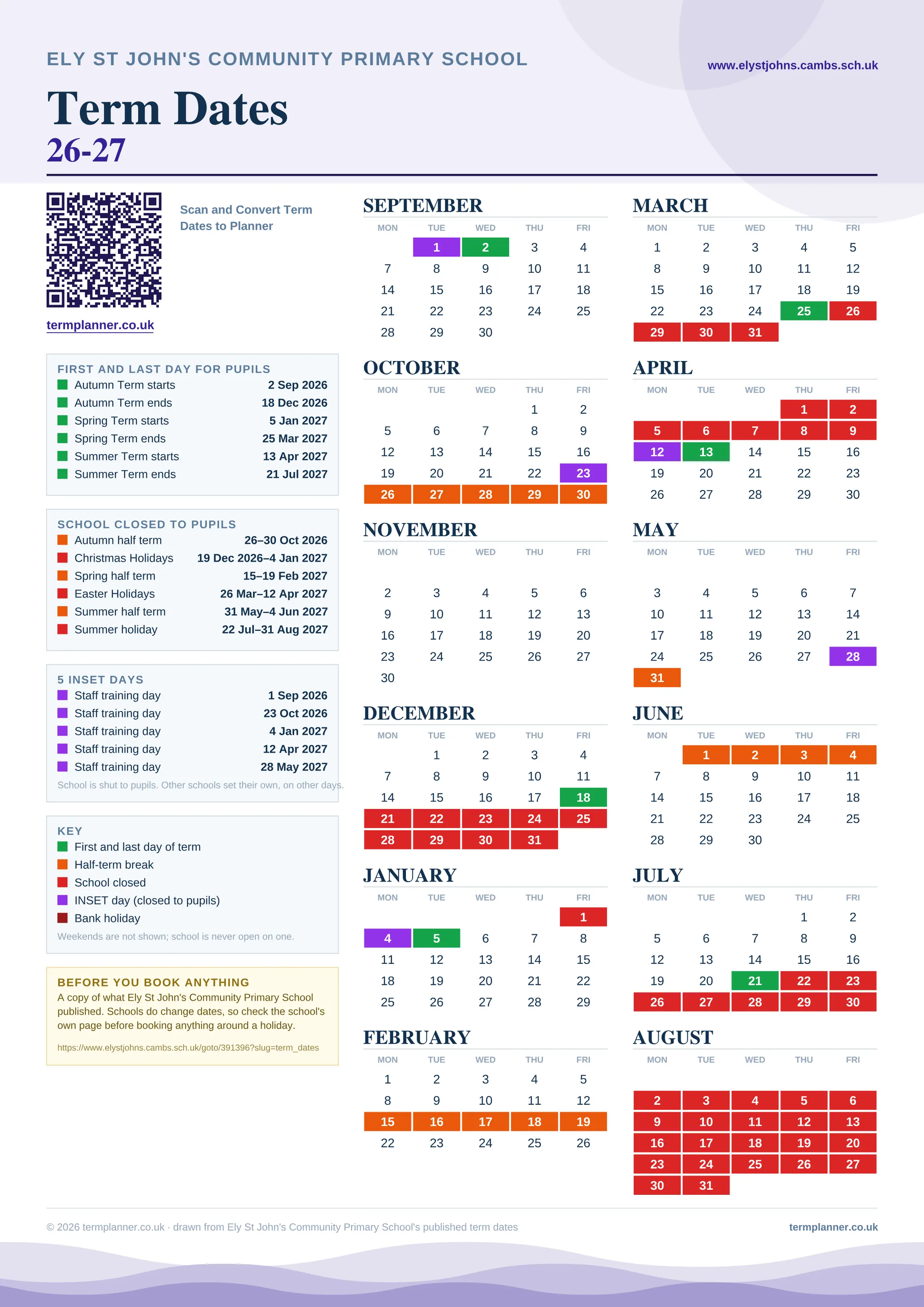 Ely St John's Community Primary School’s 2026/27 school year drawn as one sheet: twelve month grids from September to August, Monday to Friday, with autumn term 2 September to 18 December 2026, spring term 5 January to 25 March 2027, summer term 13 April to 21 July 2027. Half terms, holidays and bank holidays are filled in colour, the first and last day of each term is marked, 5 INSET days are picked out, and every date is listed again in words down the left.