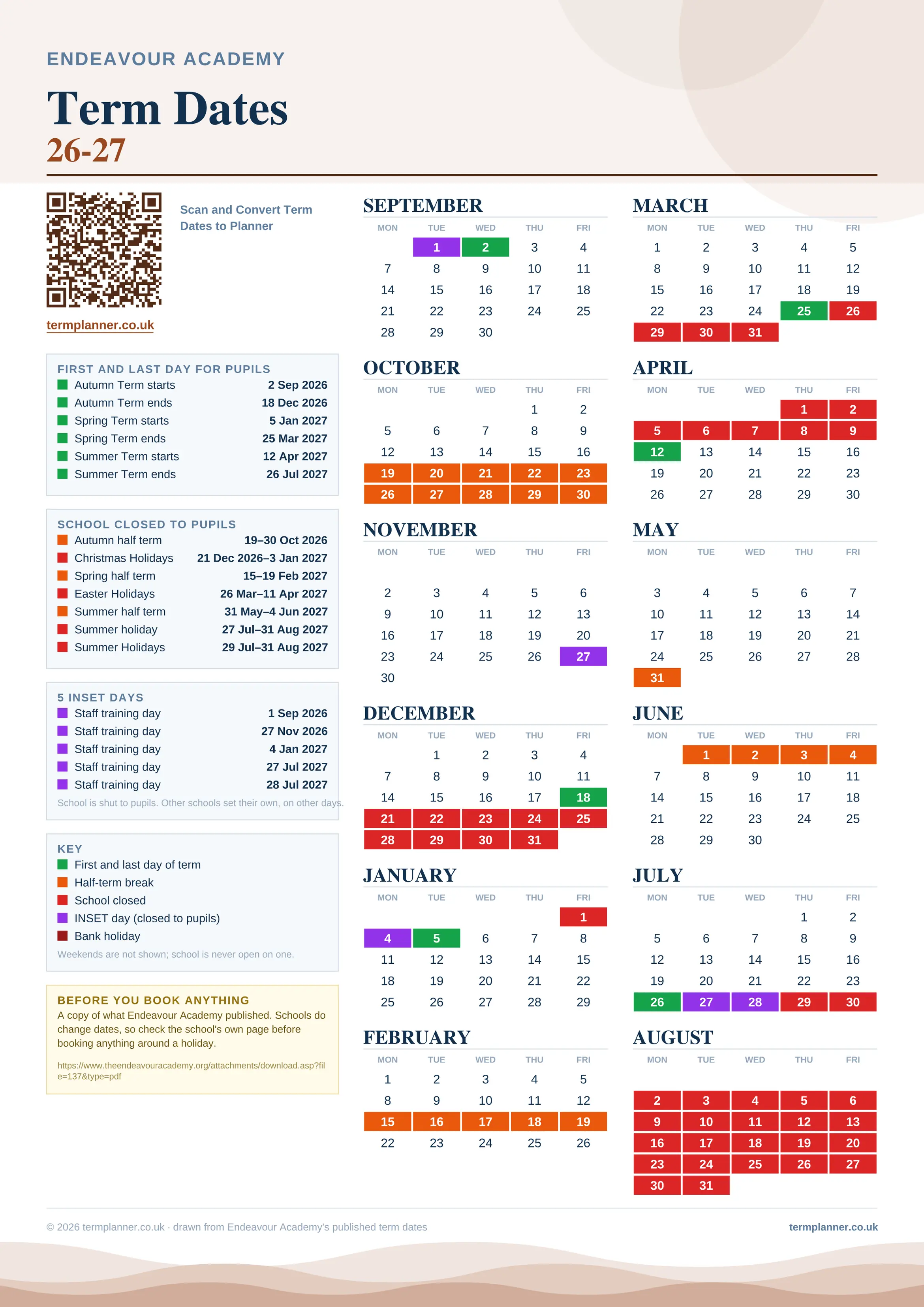 Endeavour Academy’s 2026/27 school year drawn as one sheet: twelve month grids from September to August, Monday to Friday, with autumn term 2 September to 18 December 2026, spring term 5 January to 25 March 2027, summer term 12 April to 26 July 2027. Half terms, holidays and bank holidays are filled in colour, the first and last day of each term is marked, 5 INSET days are picked out, and every date is listed again in words down the left.