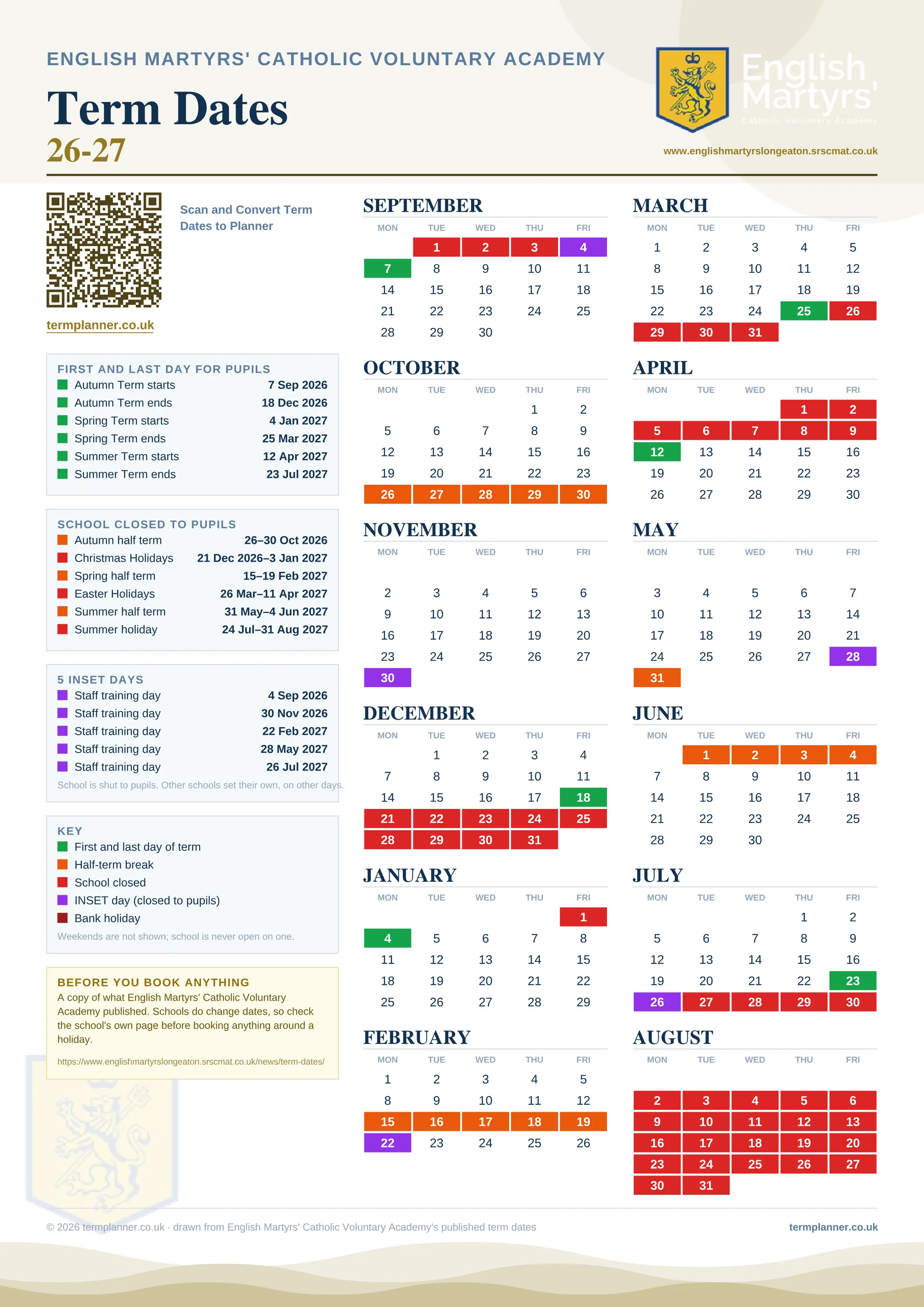 English Martyrs' Catholic Voluntary Academy’s 2026/27 school year drawn as one sheet: twelve month grids from September to August, Monday to Friday, with autumn term 7 September to 18 December 2026, spring term 4 January to 25 March 2027, summer term 12 April to 23 July 2027. Half terms, holidays and bank holidays are filled in colour, the first and last day of each term is marked, 5 INSET days are picked out, and every date is listed again in words down the left.