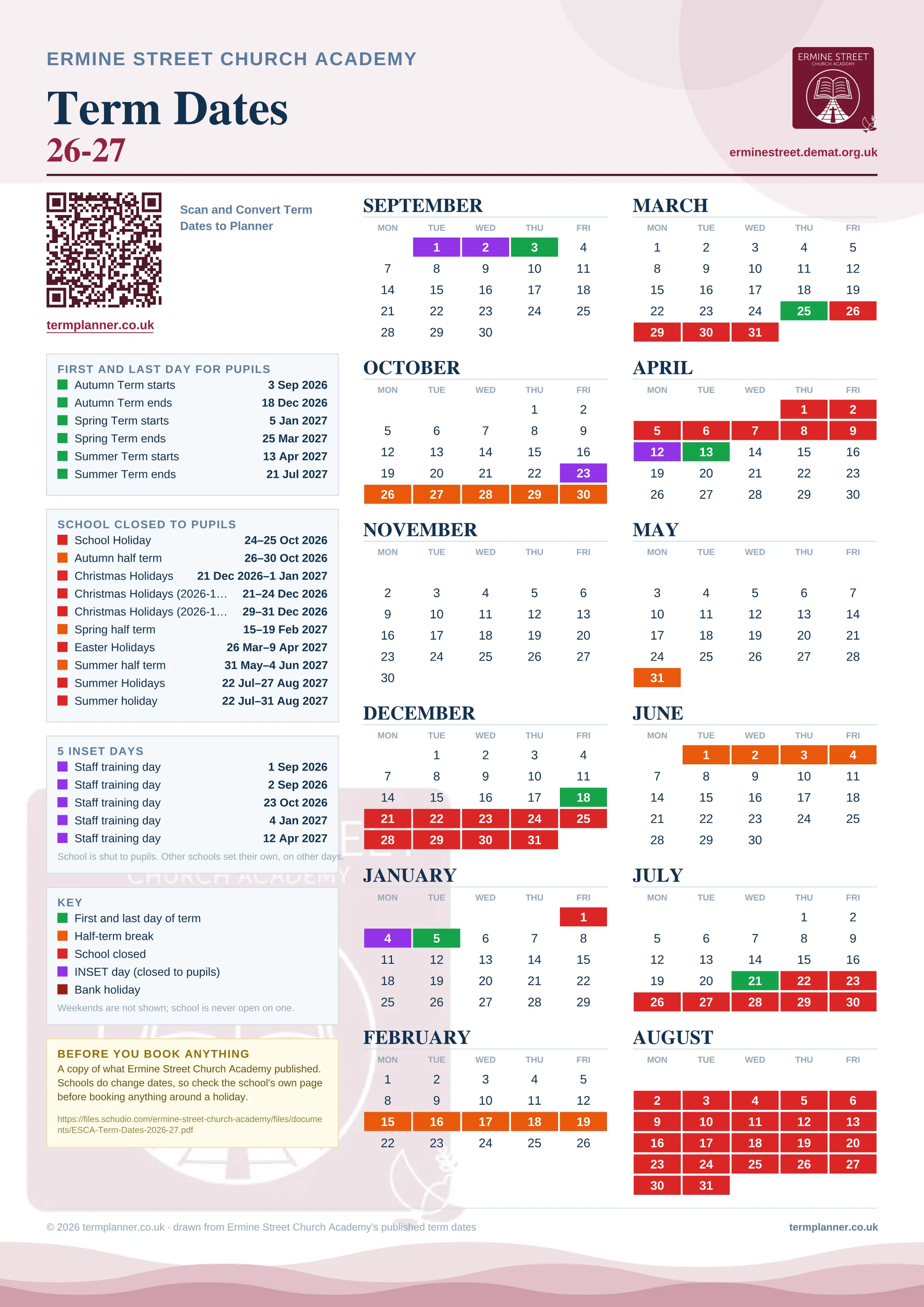 Ermine Street Church Academy’s 2026/27 school year drawn as one sheet: twelve month grids from September to August, Monday to Friday, with autumn term 3 September to 18 December 2026, spring term 5 January to 25 March 2027, summer term 13 April to 21 July 2027. Half terms, holidays and bank holidays are filled in colour, the first and last day of each term is marked, 5 INSET days are picked out, and every date is listed again in words down the left.