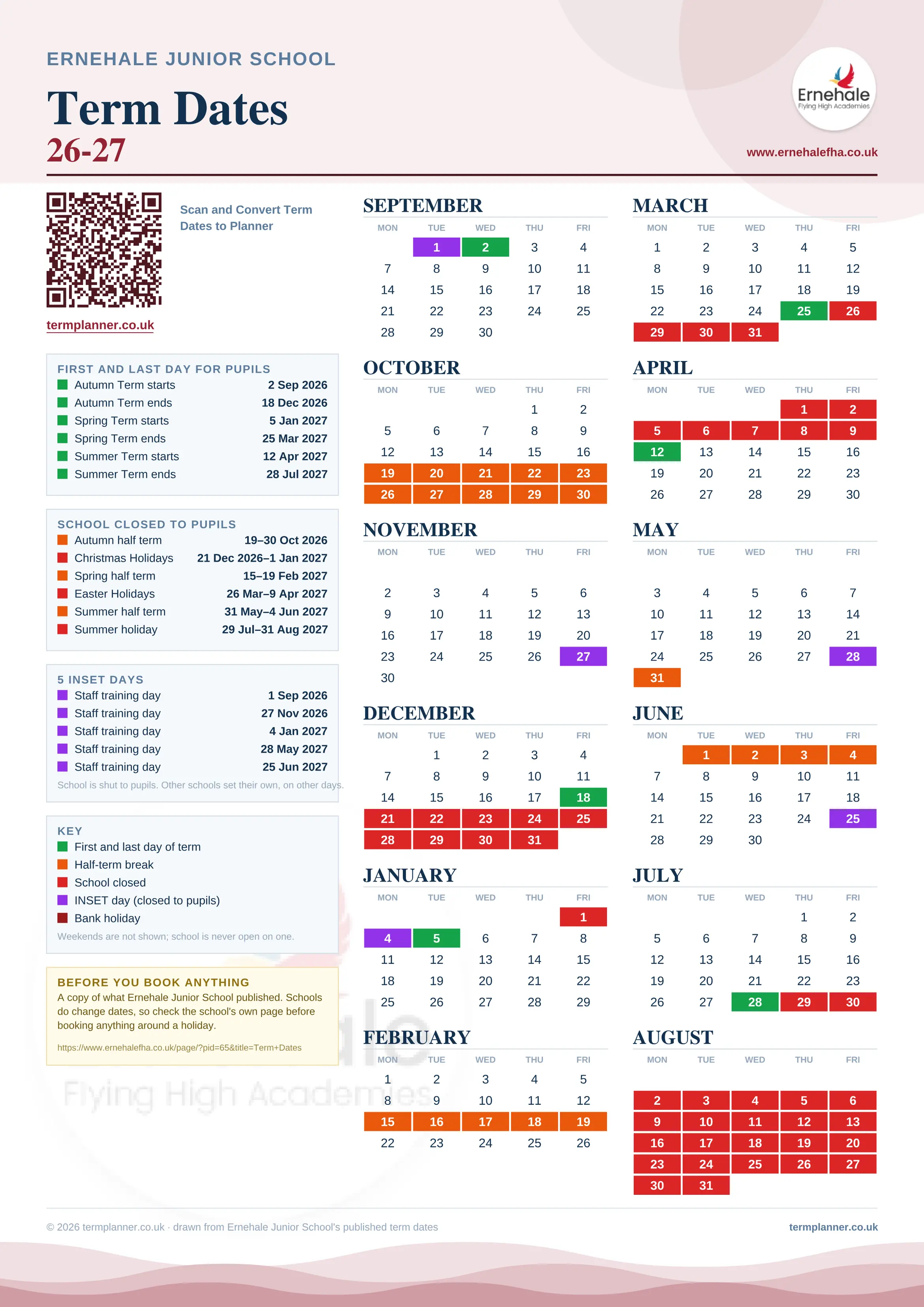 Ernehale Junior School’s 2026/27 school year drawn as one sheet: twelve month grids from September to August, Monday to Friday, with autumn term 2 September to 18 December 2026, spring term 5 January to 25 March 2027, summer term 12 April to 28 July 2027. Half terms, holidays and bank holidays are filled in colour, the first and last day of each term is marked, 5 INSET days are picked out, and every date is listed again in words down the left.