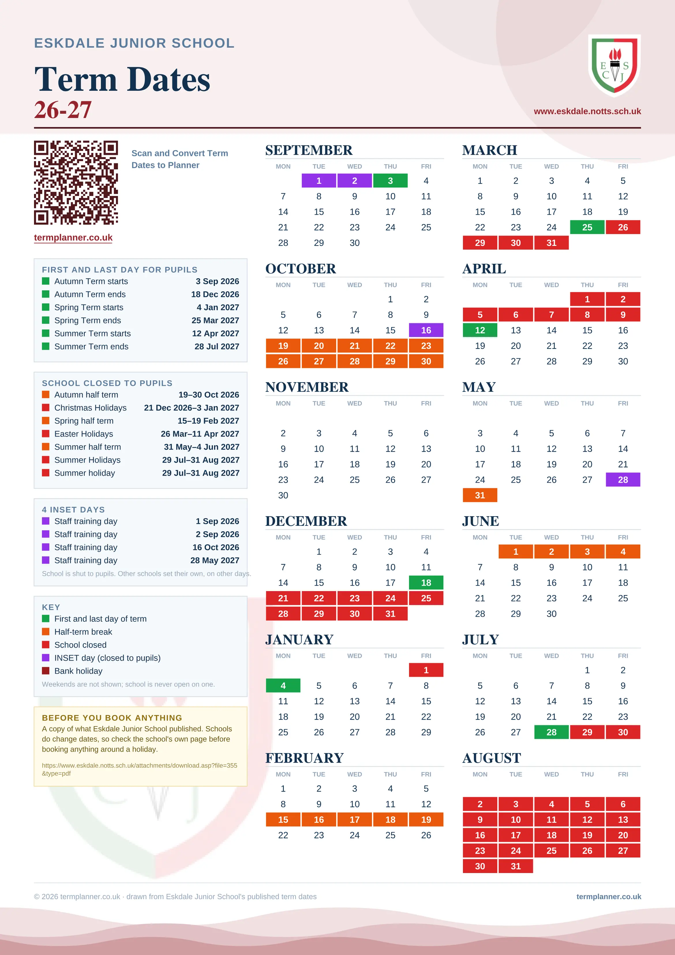 Eskdale Junior School’s 2026/27 school year drawn as one sheet: twelve month grids from September to August, Monday to Friday, with autumn term 3 September to 18 December 2026, spring term 4 January to 25 March 2027, summer term 12 April to 28 July 2027. Half terms, holidays and bank holidays are filled in colour, the first and last day of each term is marked, 4 INSET days are picked out, and every date is listed again in words down the left.