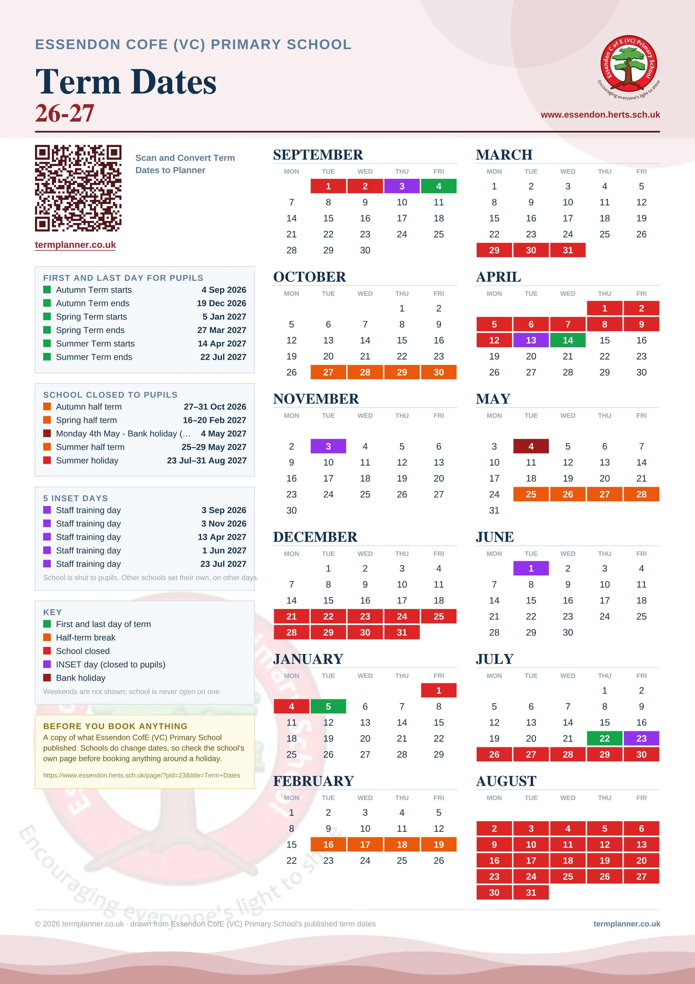 Essendon CofE (VC) Primary School’s 2026/27 school year drawn as one sheet: twelve month grids from September to August, Monday to Friday, with autumn term 4 September to 19 December 2026, spring term 5 January to 27 March 2027, summer term 14 April to 22 July 2027. Half terms, holidays and bank holidays are filled in colour, the first and last day of each term is marked, 6 INSET days are picked out, and every date is listed again in words down the left.