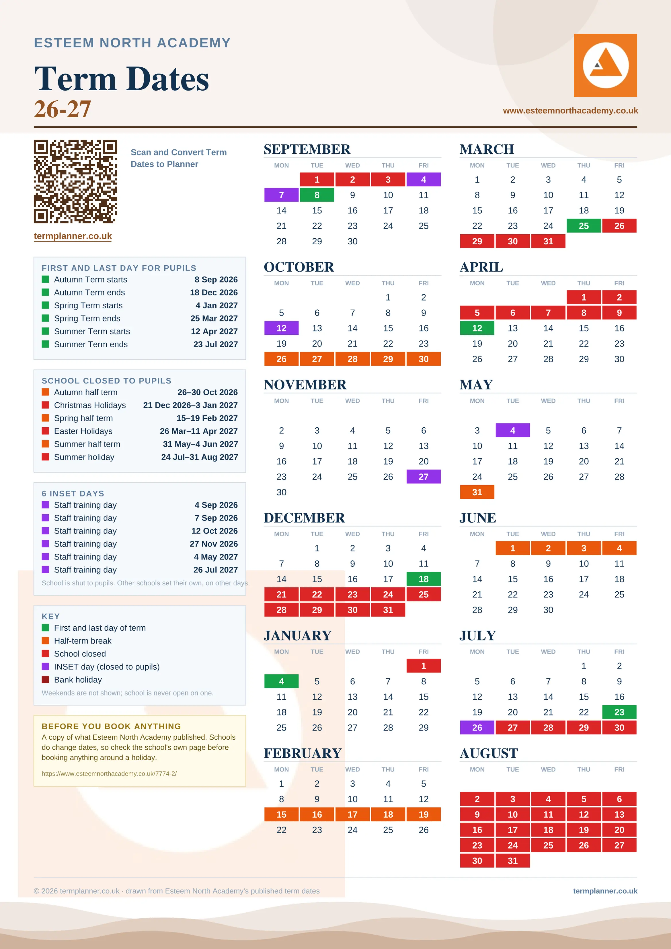 Esteem North Academy’s 2026/27 school year drawn as one sheet: twelve month grids from September to August, Monday to Friday, with autumn term 8 September to 18 December 2026, spring term 4 January to 25 March 2027, summer term 12 April to 23 July 2027. Half terms, holidays and bank holidays are filled in colour, the first and last day of each term is marked, 6 INSET days are picked out, and every date is listed again in words down the left.