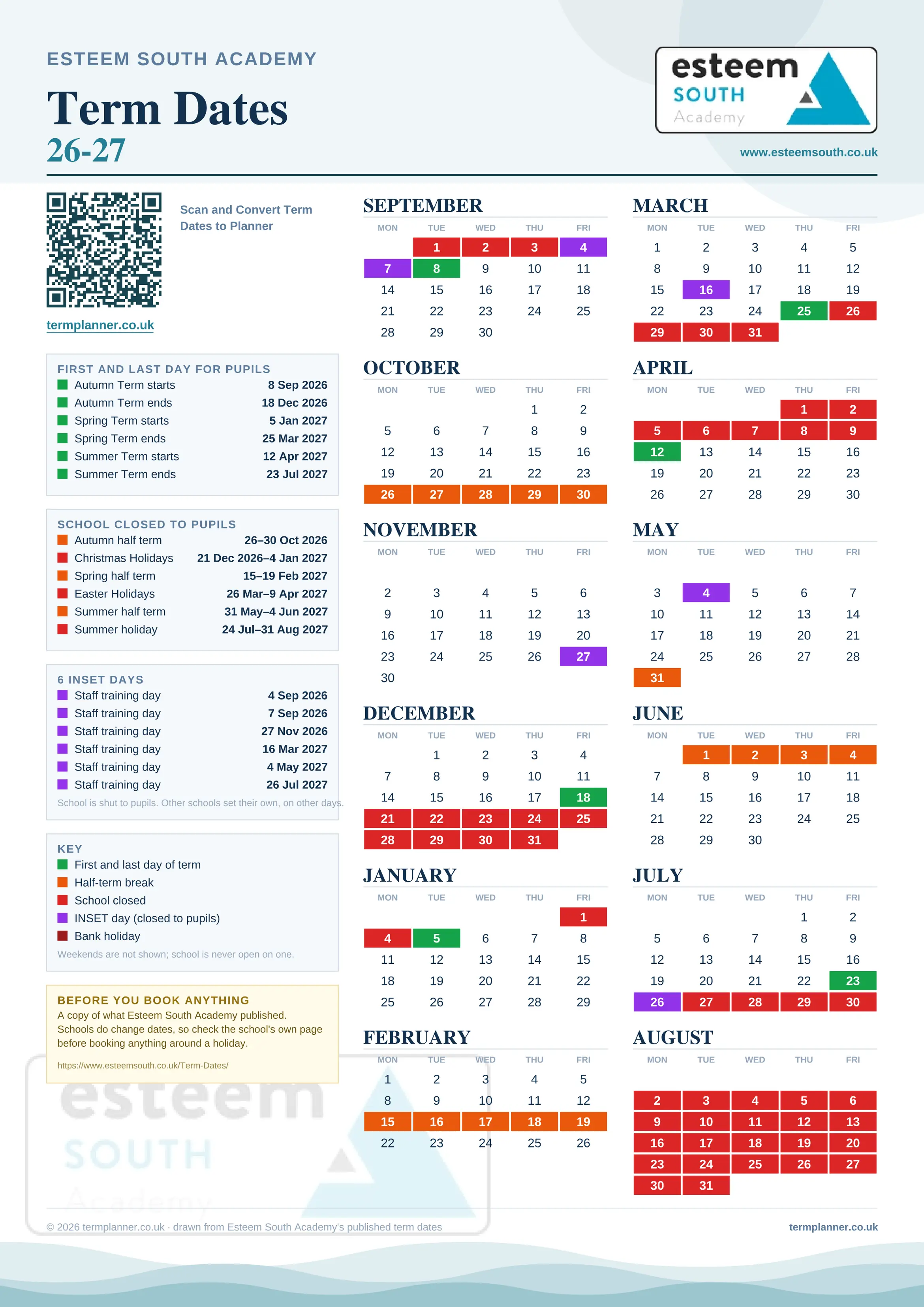 Esteem South Academy’s 2026/27 school year drawn as one sheet: twelve month grids from September to August, Monday to Friday, with autumn term 8 September to 18 December 2026, spring term 5 January to 25 March 2027, summer term 12 April to 23 July 2027. Half terms, holidays and bank holidays are filled in colour, the first and last day of each term is marked, 6 INSET days are picked out, and every date is listed again in words down the left.