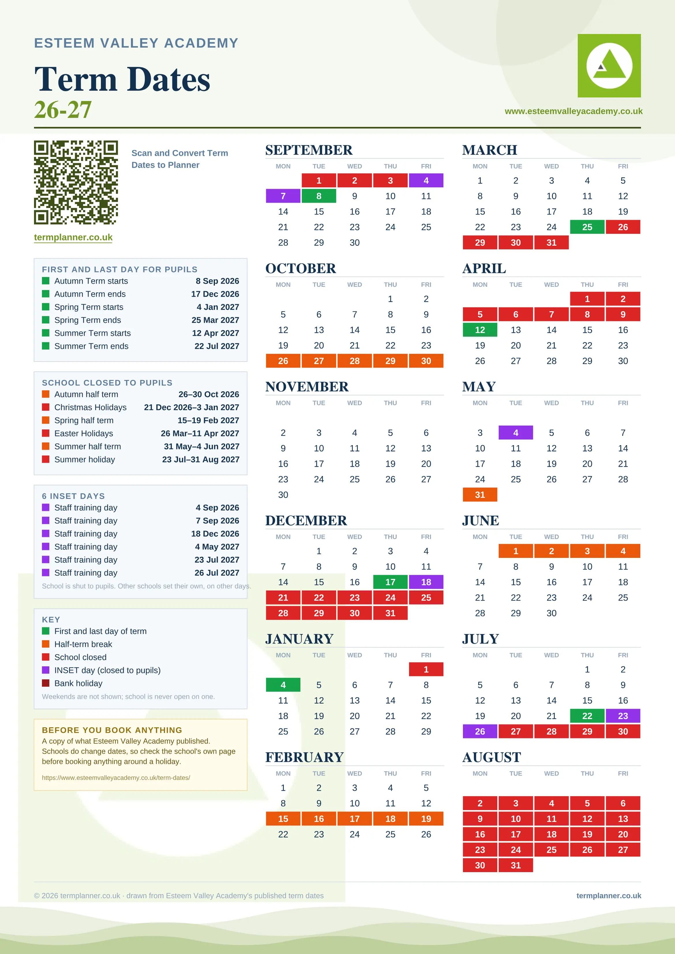 Esteem Valley Academy’s 2026/27 school year drawn as one sheet: twelve month grids from September to August, Monday to Friday, with autumn term 8 September to 17 December 2026, spring term 4 January to 25 March 2027, summer term 12 April to 22 July 2027. Half terms, holidays and bank holidays are filled in colour, the first and last day of each term is marked, 6 INSET days are picked out, and every date is listed again in words down the left.