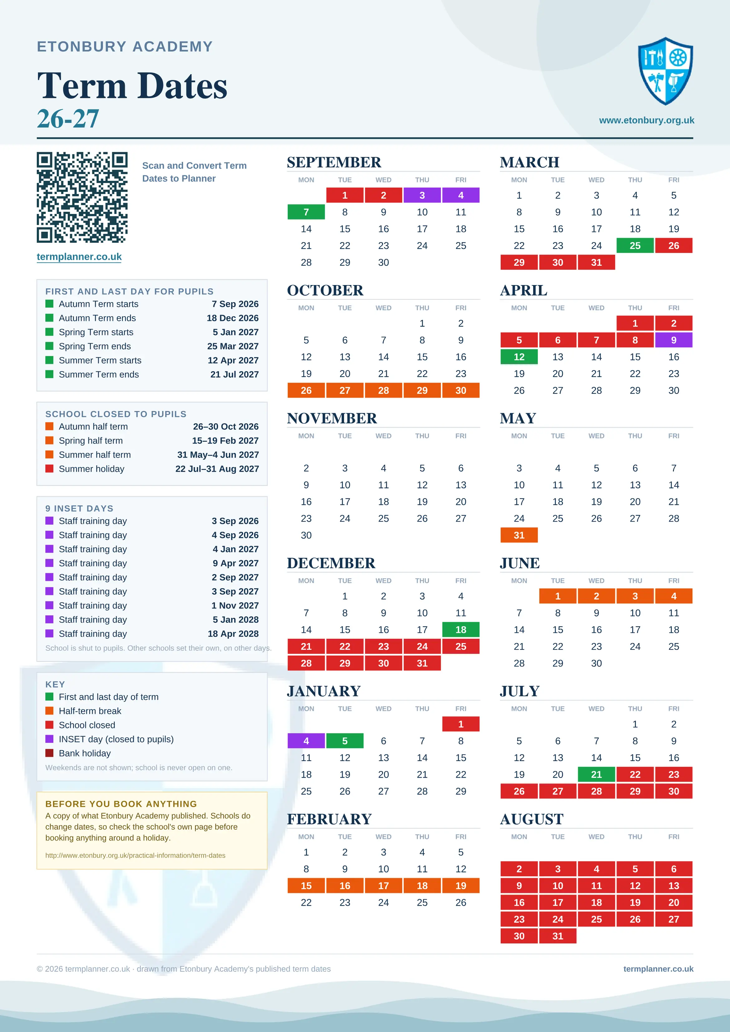 Etonbury Academy’s 2026/27 school year drawn as one sheet: twelve month grids from September to August, Monday to Friday, with autumn term 7 September to 18 December 2026, spring term 5 January to 25 March 2027, summer term 12 April to 21 July 2027. Half terms, holidays and bank holidays are filled in colour, the first and last day of each term is marked, 8 INSET days are picked out, and every date is listed again in words down the left.