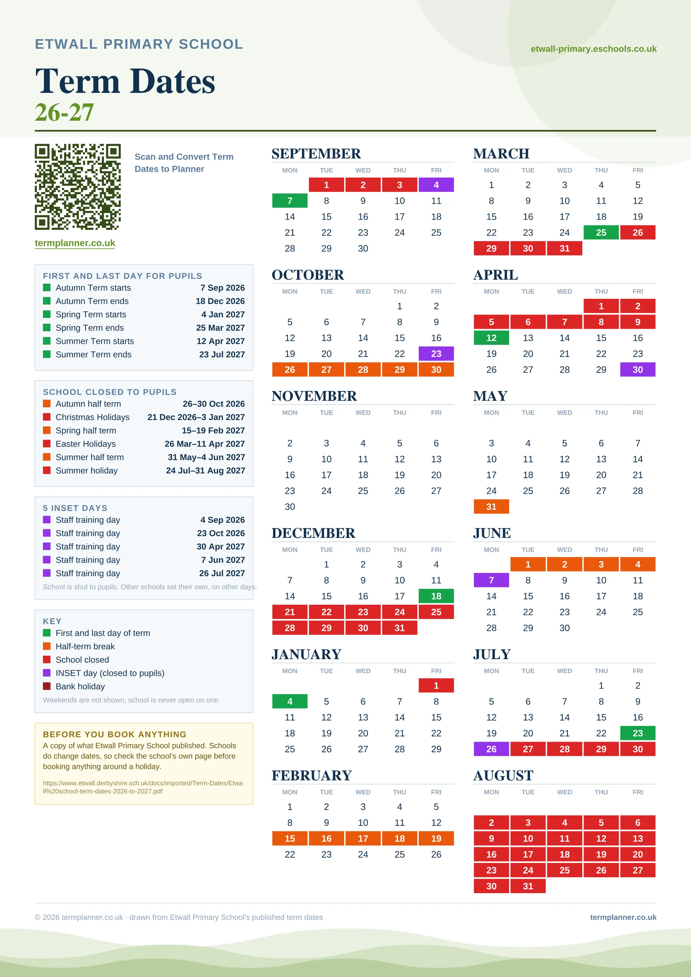 Etwall Primary School’s 2026/27 school year drawn as one sheet: twelve month grids from September to August, Monday to Friday, with autumn term 7 September to 18 December 2026, spring term 4 January to 25 March 2027, summer term 12 April to 23 July 2027. Half terms, holidays and bank holidays are filled in colour, the first and last day of each term is marked, 5 INSET days are picked out, and every date is listed again in words down the left.