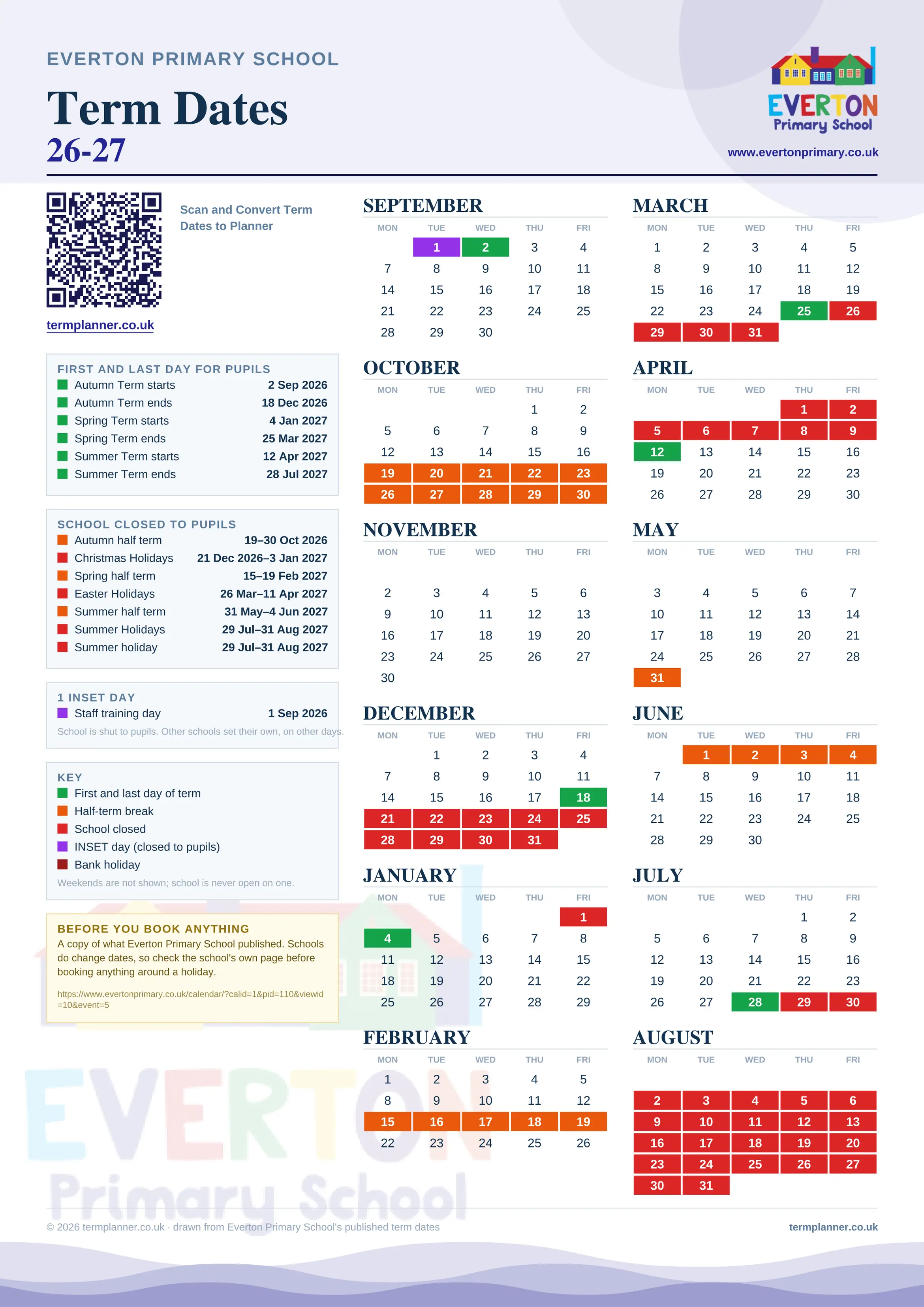 Everton Primary School’s 2026/27 school year drawn as one sheet: twelve month grids from September to August, Monday to Friday, with autumn term 2 September to 18 December 2026, spring term 4 January to 25 March 2027, summer term 12 April to 28 July 2027. Half terms, holidays and bank holidays are filled in colour, the first and last day of each term is marked, 1 INSET day is picked out, and every date is listed again in words down the left.
