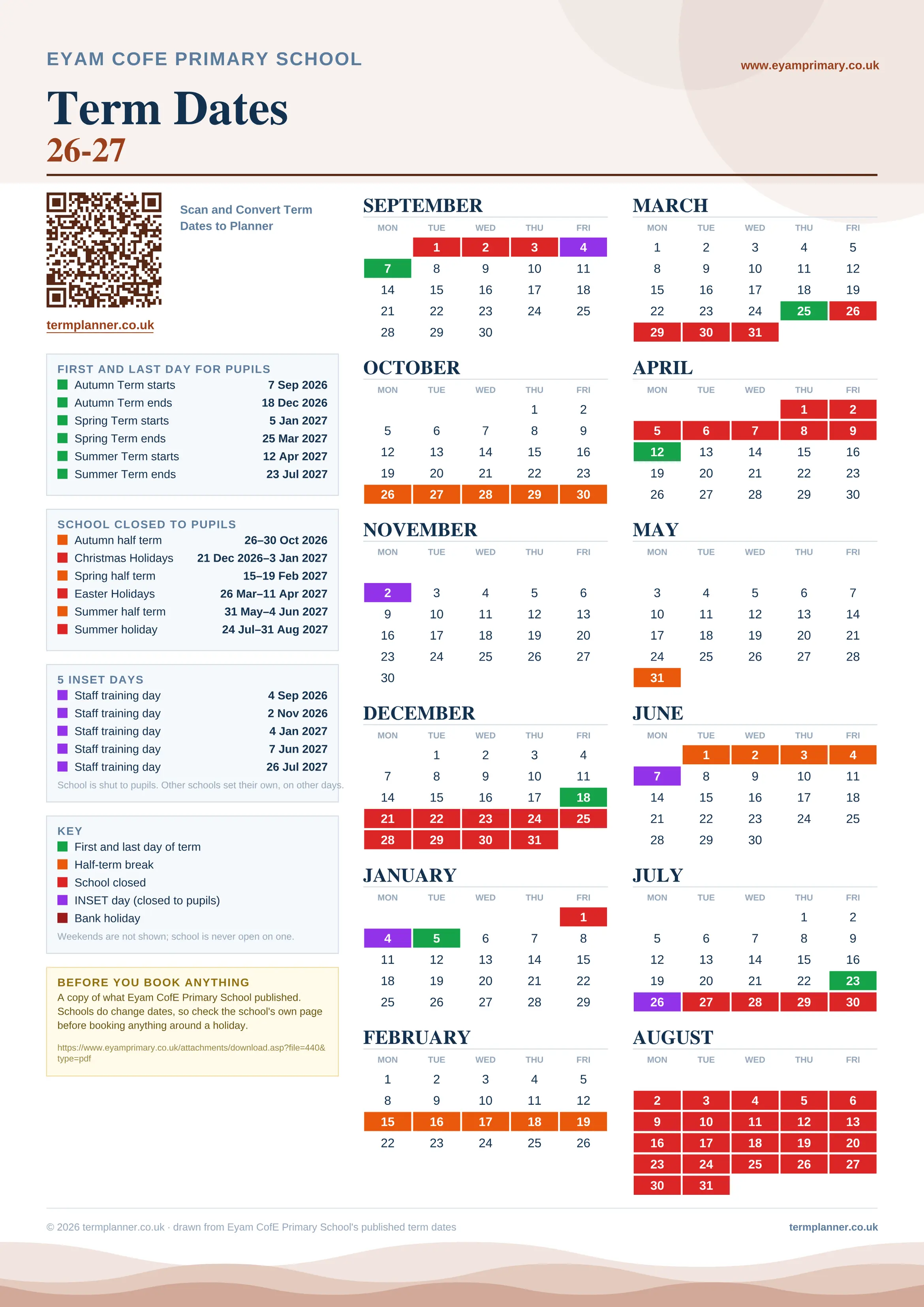 Eyam CofE Primary School’s 2026/27 school year drawn as one sheet: twelve month grids from September to August, Monday to Friday, with autumn term 7 September to 18 December 2026, spring term 5 January to 25 March 2027, summer term 12 April to 23 July 2027. Half terms, holidays and bank holidays are filled in colour, the first and last day of each term is marked, 5 INSET days are picked out, and every date is listed again in words down the left.