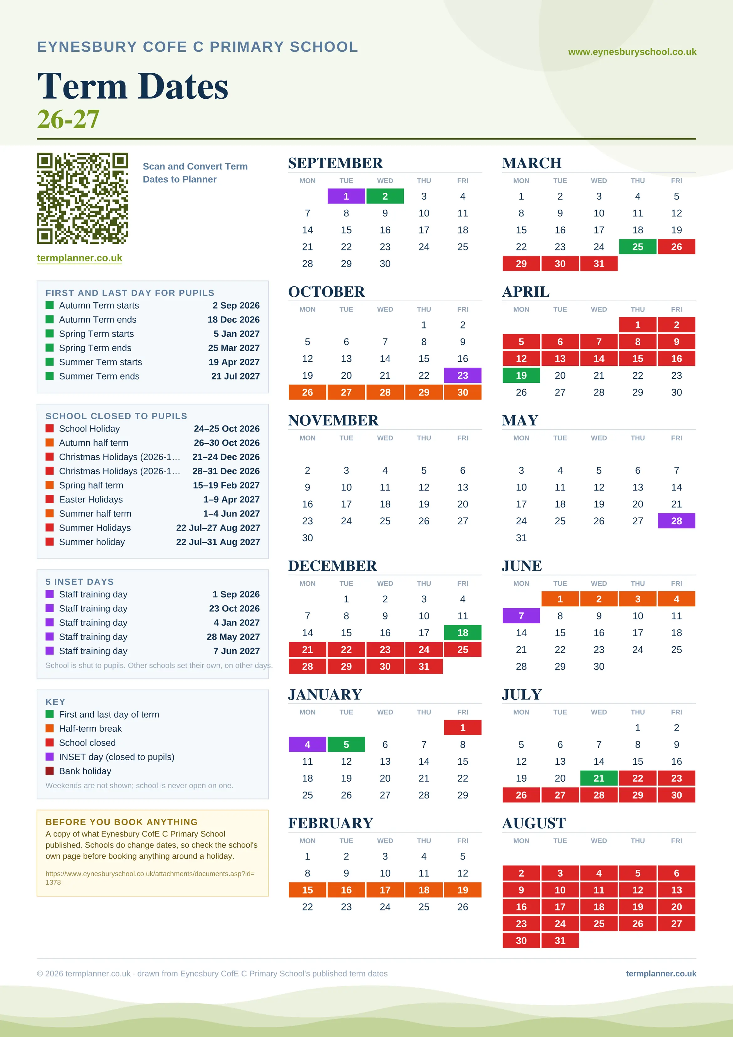 Eynesbury CofE C Primary School’s 2026/27 school year drawn as one sheet: twelve month grids from September to August, Monday to Friday, with autumn term 2 September to 18 December 2026, spring term 5 January to 25 March 2027, summer term 19 April to 21 July 2027. Half terms, holidays and bank holidays are filled in colour, the first and last day of each term is marked, 5 INSET days are picked out, and every date is listed again in words down the left.