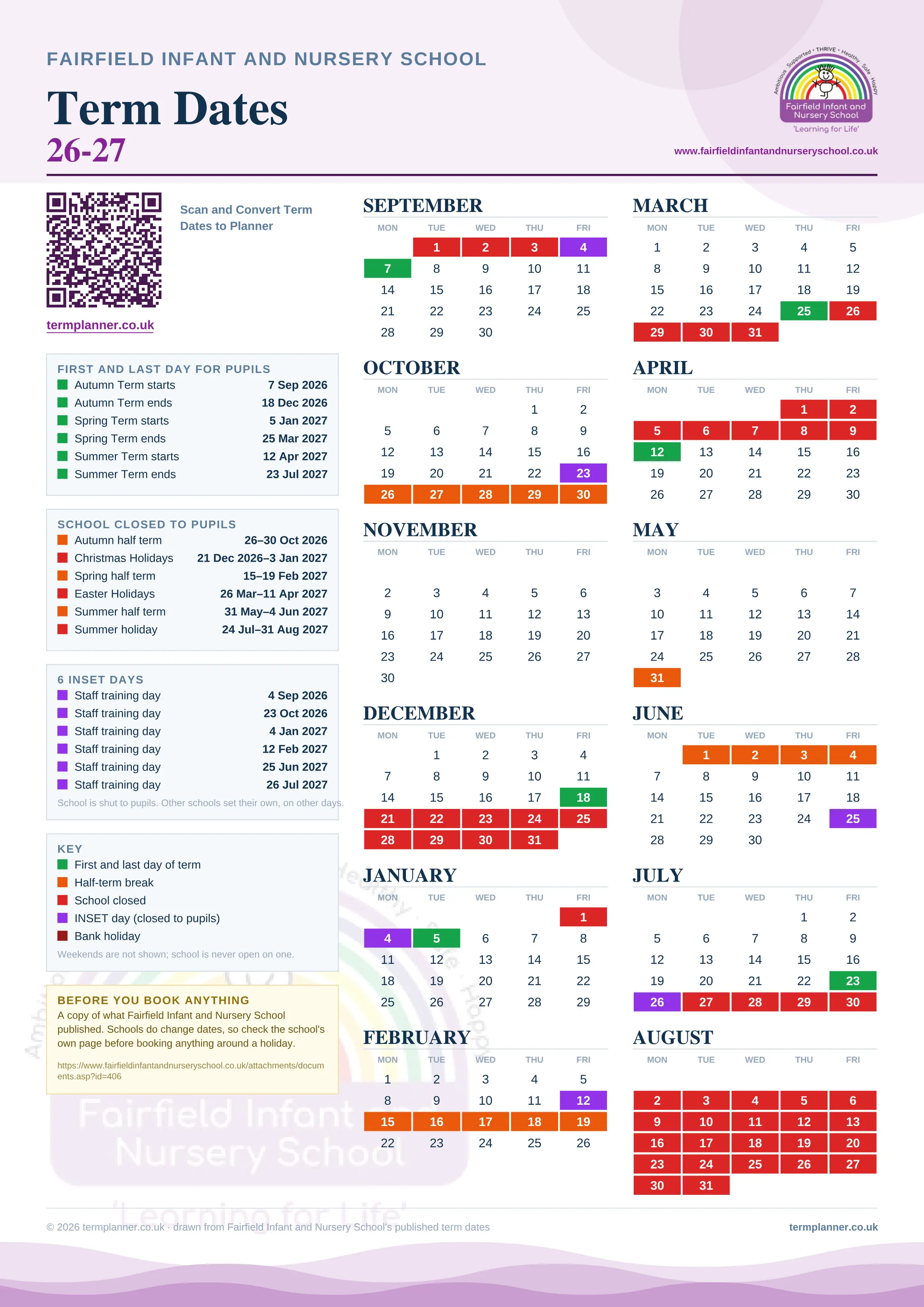 Fairfield Infant and Nursery School’s 2026/27 school year drawn as one sheet: twelve month grids from September to August, Monday to Friday, with autumn term 7 September to 18 December 2026, spring term 5 January to 25 March 2027, summer term 12 April to 23 July 2027. Half terms, holidays and bank holidays are filled in colour, the first and last day of each term is marked, 6 INSET days are picked out, and every date is listed again in words down the left.
