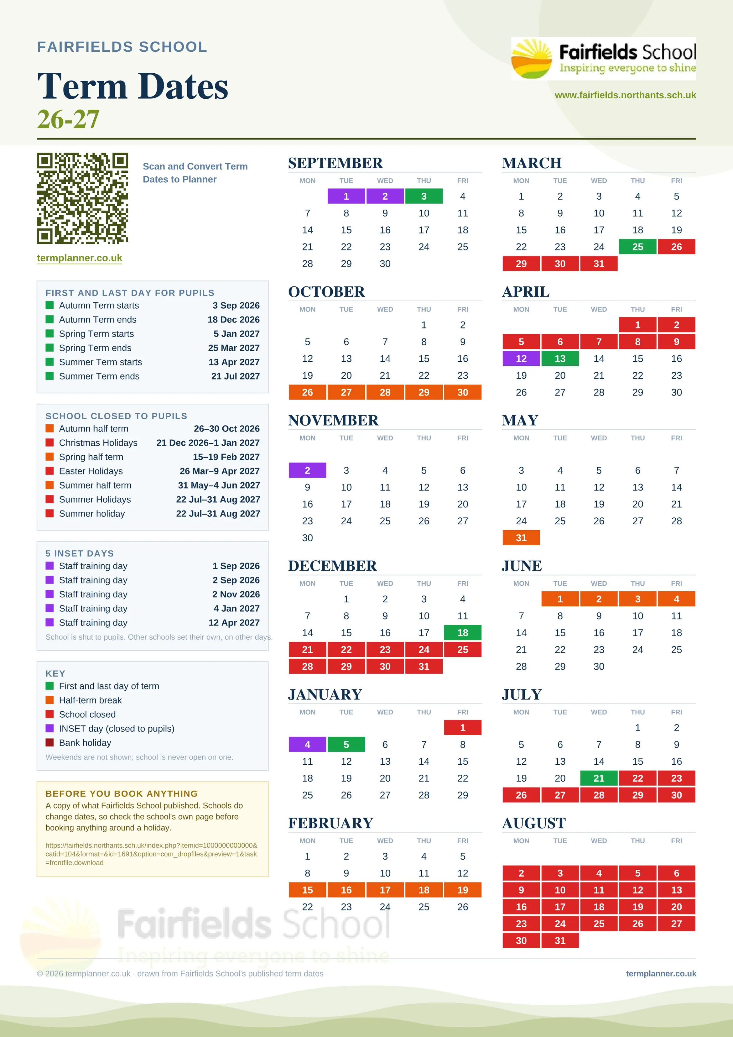 Fairfields School’s 2026/27 school year drawn as one sheet: twelve month grids from September to August, Monday to Friday, with autumn term 3 September to 18 December 2026, spring term 5 January to 25 March 2027, summer term 13 April to 21 July 2027. Half terms, holidays and bank holidays are filled in colour, the first and last day of each term is marked, 5 INSET days are picked out, and every date is listed again in words down the left.