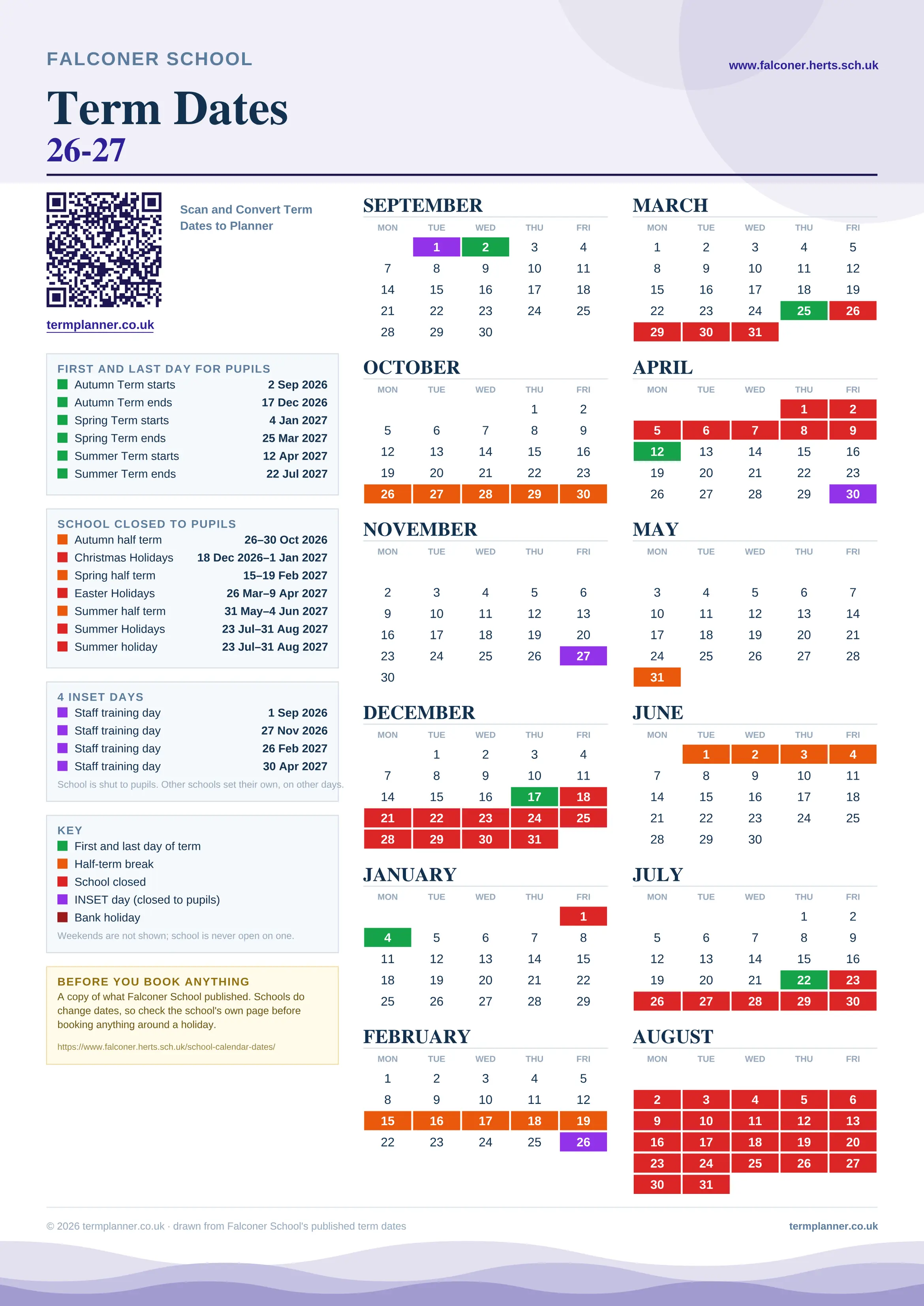 Falconer School’s 2026/27 school year drawn as one sheet: twelve month grids from September to August, Monday to Friday, with autumn term 2 September to 17 December 2026, spring term 4 January to 25 March 2027, summer term 12 April to 22 July 2027. Half terms, holidays and bank holidays are filled in colour, the first and last day of each term is marked, 4 INSET days are picked out, and every date is listed again in words down the left.