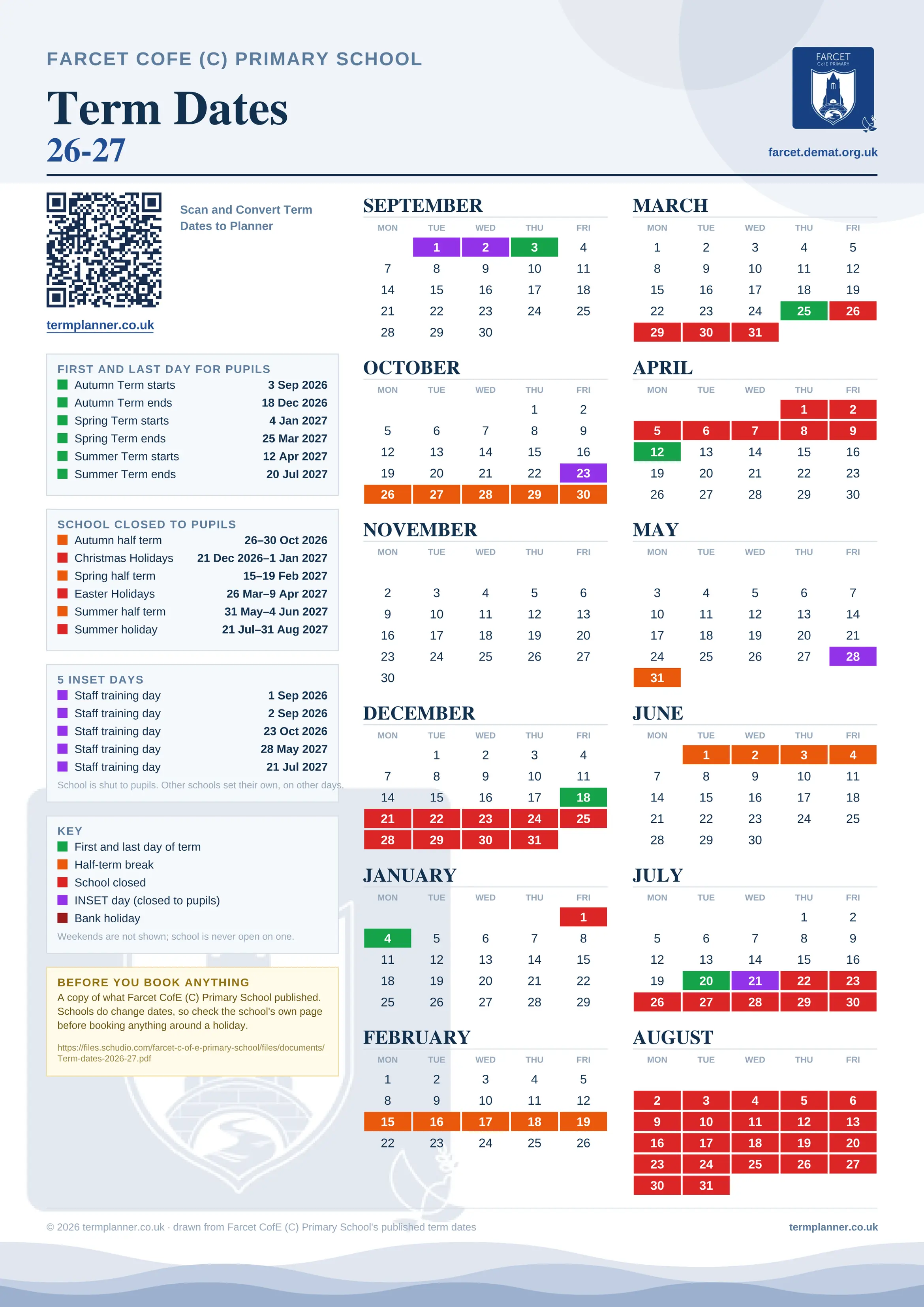 Farcet CofE (C) Primary School’s 2026/27 school year drawn as one sheet: twelve month grids from September to August, Monday to Friday, with autumn term 3 September to 18 December 2026, spring term 4 January to 25 March 2027, summer term 12 April to 20 July 2027. Half terms, holidays and bank holidays are filled in colour, the first and last day of each term is marked, 5 INSET days are picked out, and every date is listed again in words down the left.