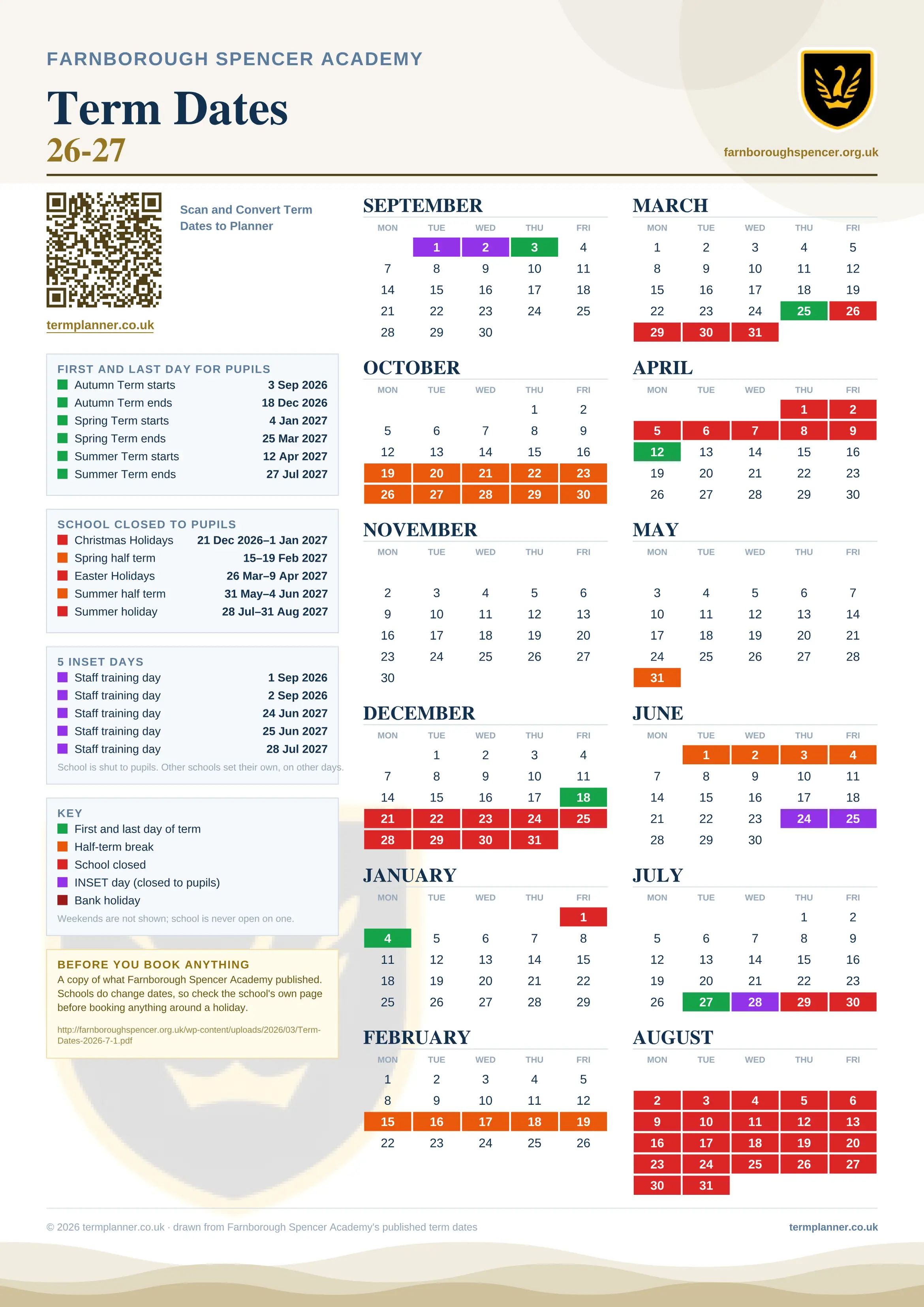 Farnborough Spencer Academy’s 2026/27 school year drawn as one sheet: twelve month grids from September to August, Monday to Friday, with autumn term 3 September to 18 December 2026, spring term 4 January to 25 March 2027, summer term 12 April to 27 July 2027. Half terms, holidays and bank holidays are filled in colour, the first and last day of each term is marked, 5 INSET days are picked out, and every date is listed again in words down the left.