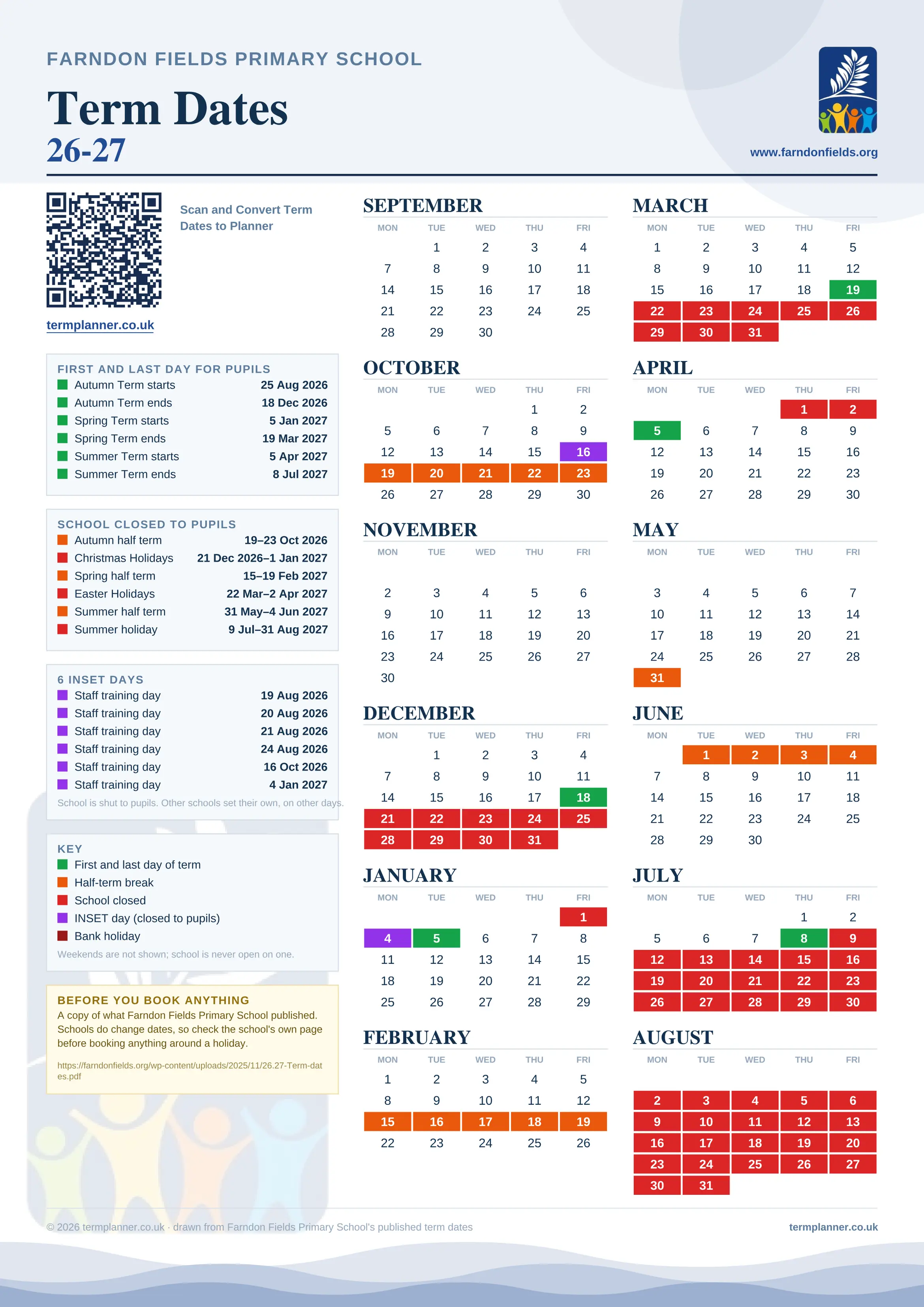 Farndon Fields Primary School’s 2026/27 school year drawn as one sheet: twelve month grids from September to August, Monday to Friday, with autumn term 25 August to 18 December 2026, spring term 5 January to 19 March 2027, summer term 5 April to 8 July 2027. Half terms, holidays and bank holidays are filled in colour, the first and last day of each term is marked, 6 INSET days are picked out, and every date is listed again in words down the left.