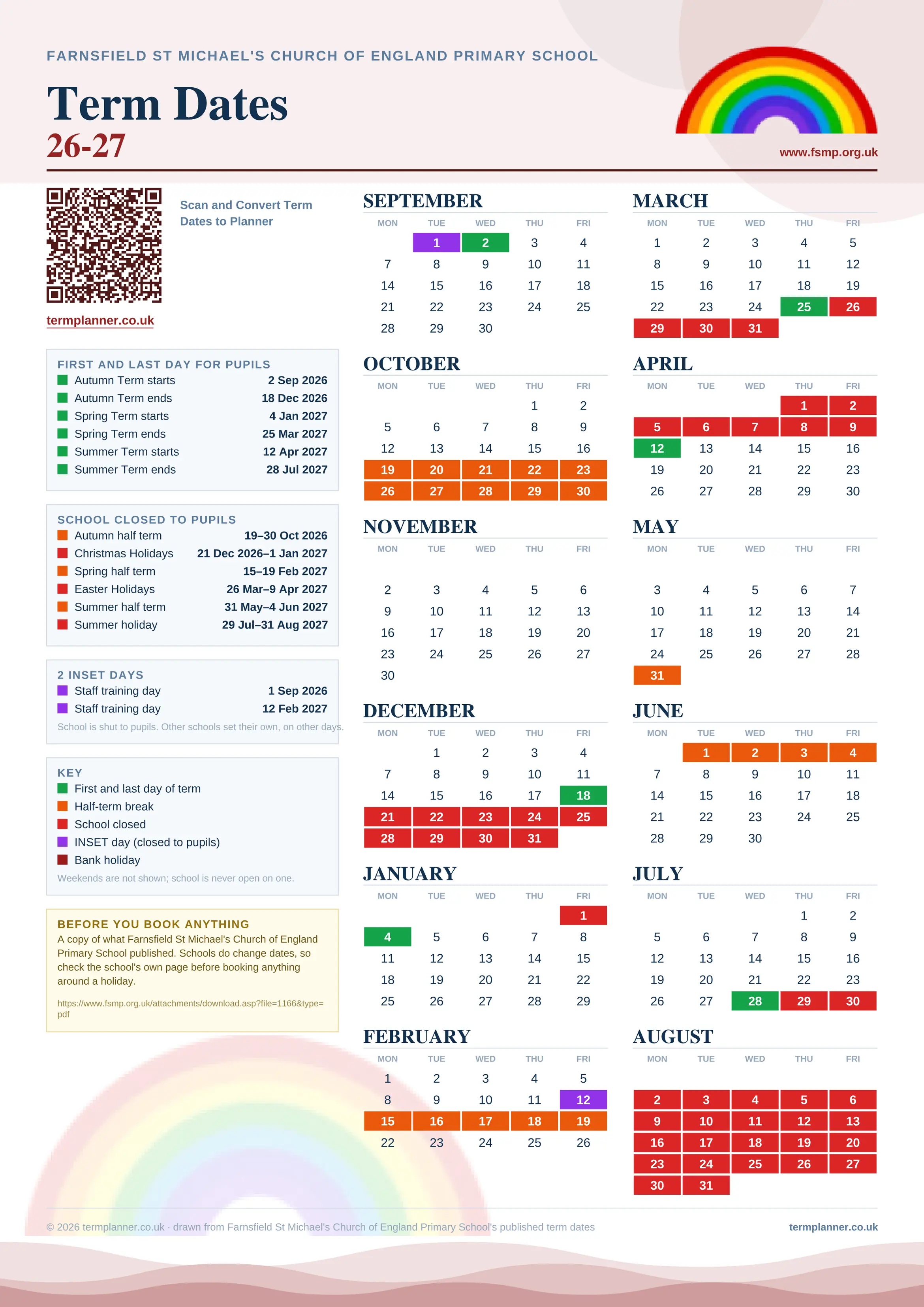 Farnsfield St Michael's Church of England Primary School’s 2026/27 school year drawn as one sheet: twelve month grids from September to August, Monday to Friday, with autumn term 2 September to 18 December 2026, spring term 4 January to 25 March 2027, summer term 12 April to 28 July 2027. Half terms, holidays and bank holidays are filled in colour, the first and last day of each term is marked, 2 INSET days are picked out, and every date is listed again in words down the left.