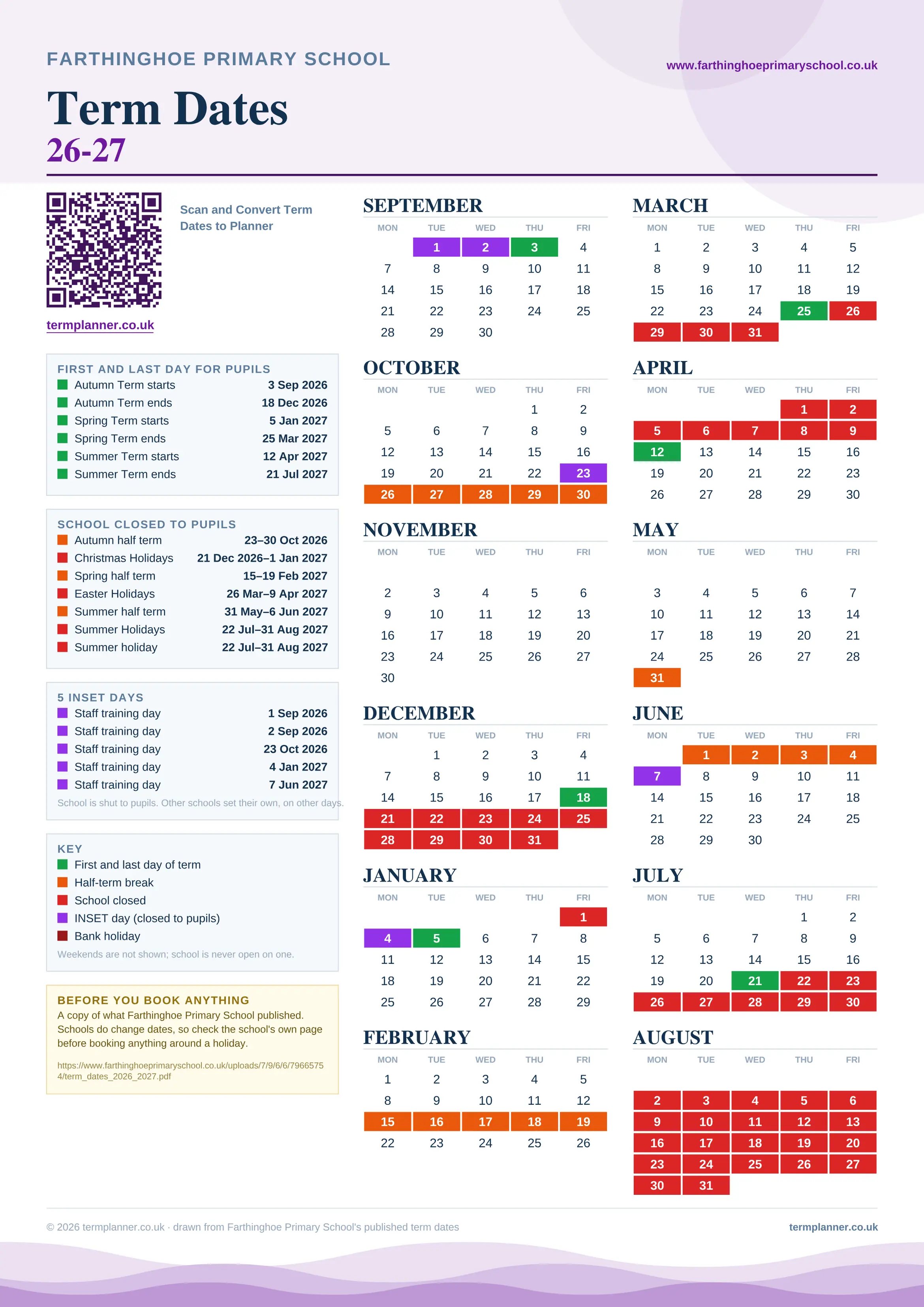Farthinghoe Primary School’s 2026/27 school year drawn as one sheet: twelve month grids from September to August, Monday to Friday, with autumn term 3 September to 18 December 2026, spring term 5 January to 25 March 2027, summer term 12 April to 21 July 2027. Half terms, holidays and bank holidays are filled in colour, the first and last day of each term is marked, 5 INSET days are picked out, and every date is listed again in words down the left.