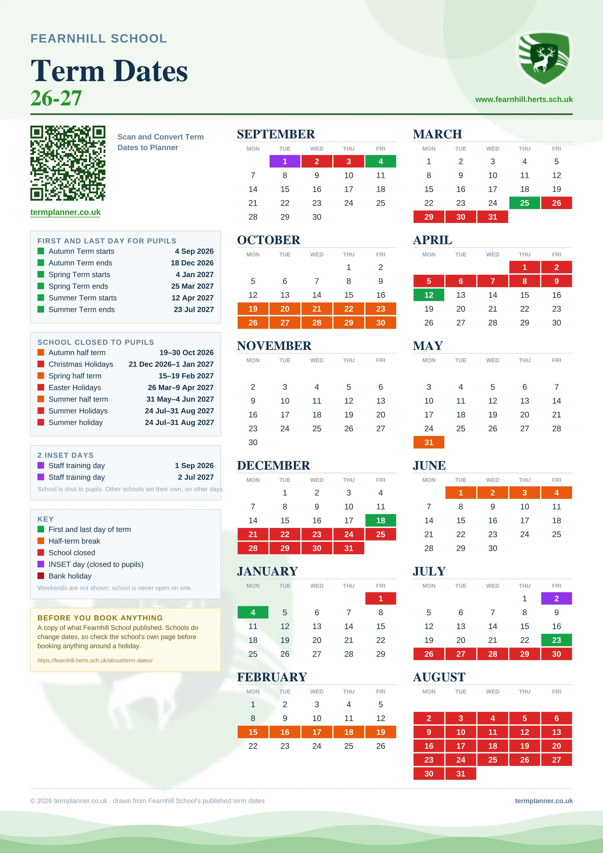 Fearnhill School’s 2026/27 school year drawn as one sheet: twelve month grids from September to August, Monday to Friday, with autumn term 4 September to 18 December 2026, spring term 4 January to 25 March 2027, summer term 12 April to 23 July 2027. Half terms, holidays and bank holidays are filled in colour, the first and last day of each term is marked, 2 INSET days are picked out, and every date is listed again in words down the left.