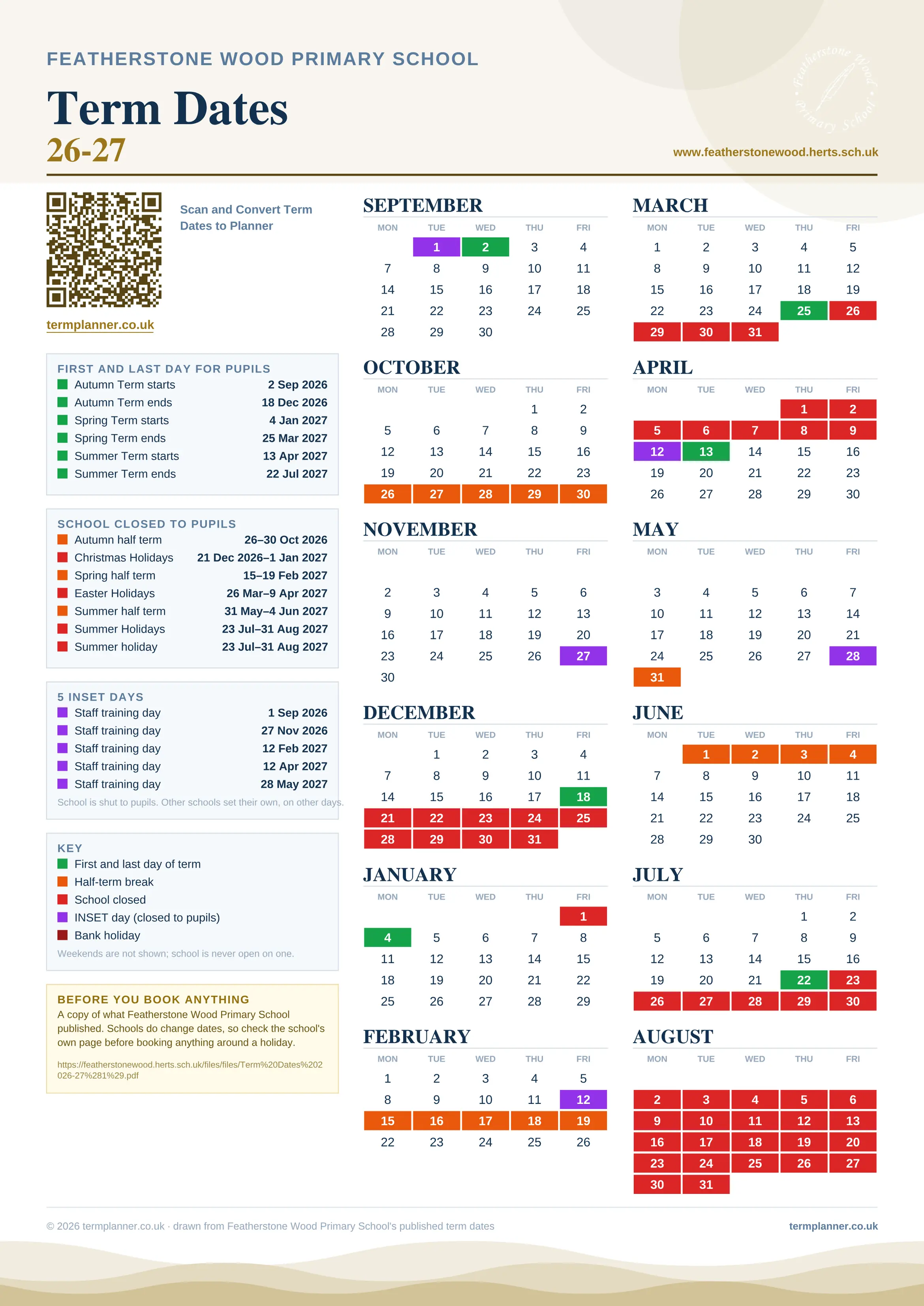 Featherstone Wood Primary School’s 2026/27 school year drawn as one sheet: twelve month grids from September to August, Monday to Friday, with autumn term 2 September to 18 December 2026, spring term 4 January to 25 March 2027, summer term 13 April to 22 July 2027. Half terms, holidays and bank holidays are filled in colour, the first and last day of each term is marked, 5 INSET days are picked out, and every date is listed again in words down the left.