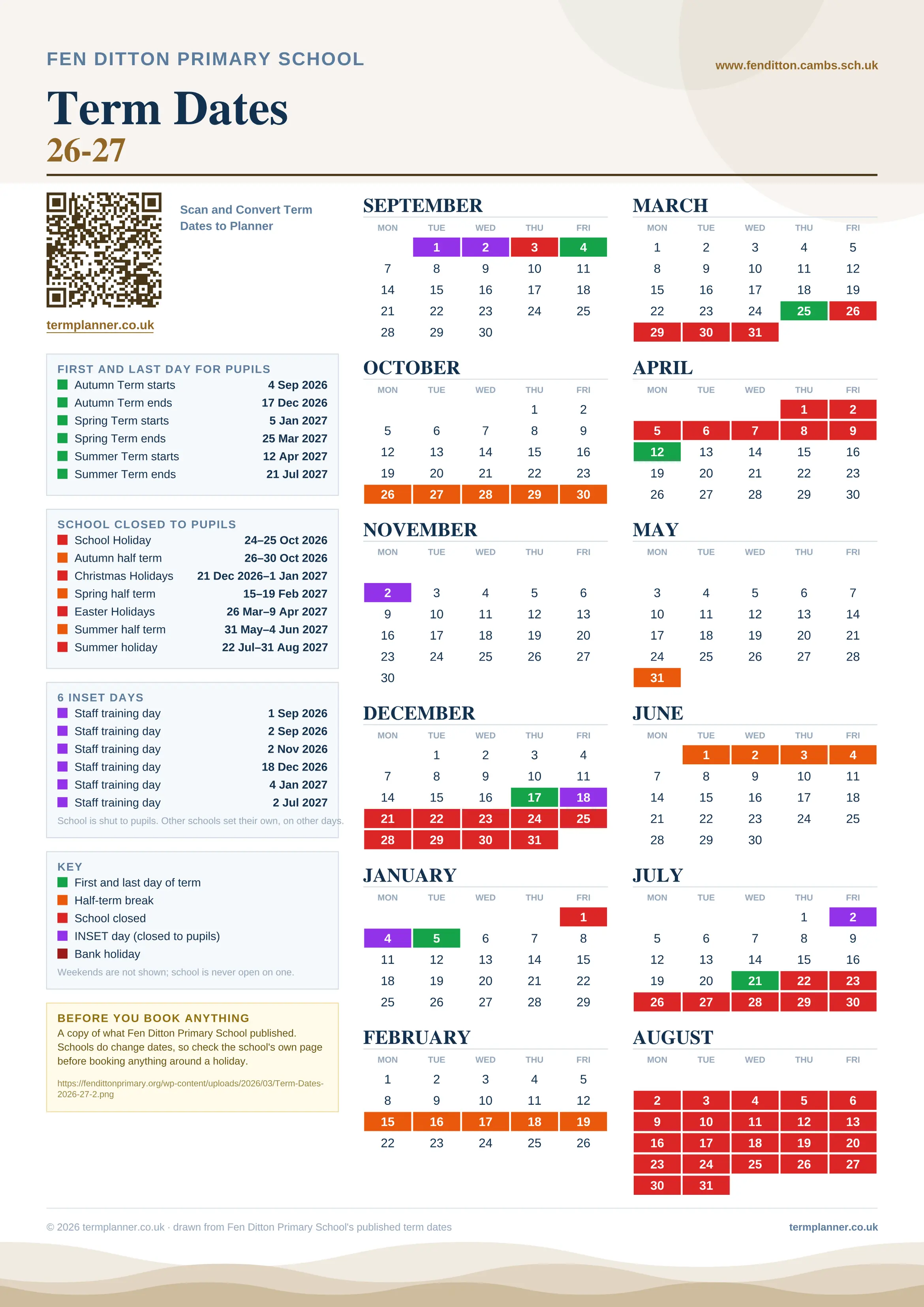 Fen Ditton Primary School’s 2026/27 school year drawn as one sheet: twelve month grids from September to August, Monday to Friday, with autumn term 4 September to 17 December 2026, spring term 5 January to 25 March 2027, summer term 12 April to 21 July 2027. Half terms, holidays and bank holidays are filled in colour, the first and last day of each term is marked, 6 INSET days are picked out, and every date is listed again in words down the left.