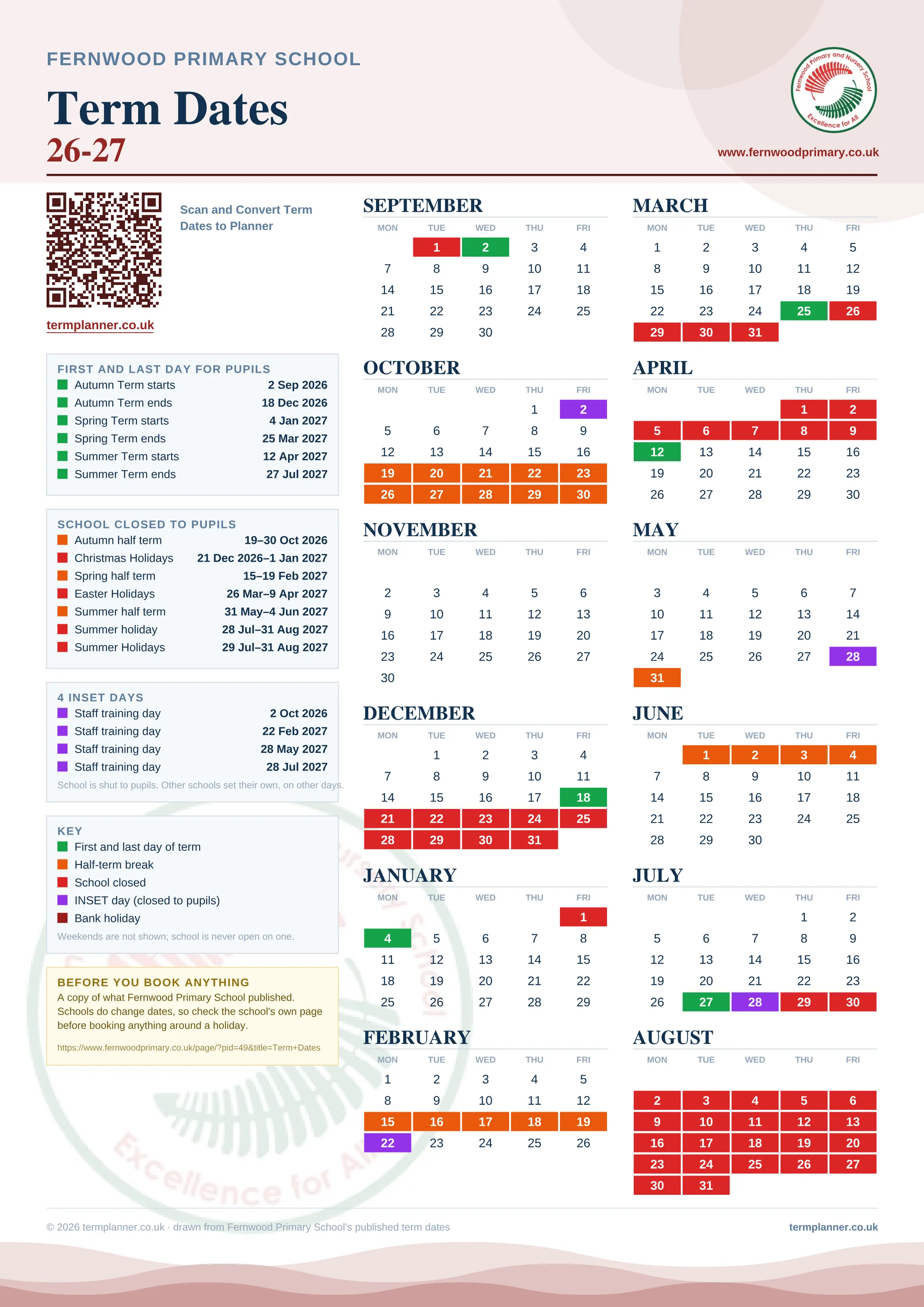 Fernwood Primary School’s 2026/27 school year drawn as one sheet: twelve month grids from September to August, Monday to Friday, with autumn term 2 September to 18 December 2026, spring term 4 January to 25 March 2027, summer term 12 April to 27 July 2027. Half terms, holidays and bank holidays are filled in colour, the first and last day of each term is marked, 4 INSET days are picked out, and every date is listed again in words down the left.