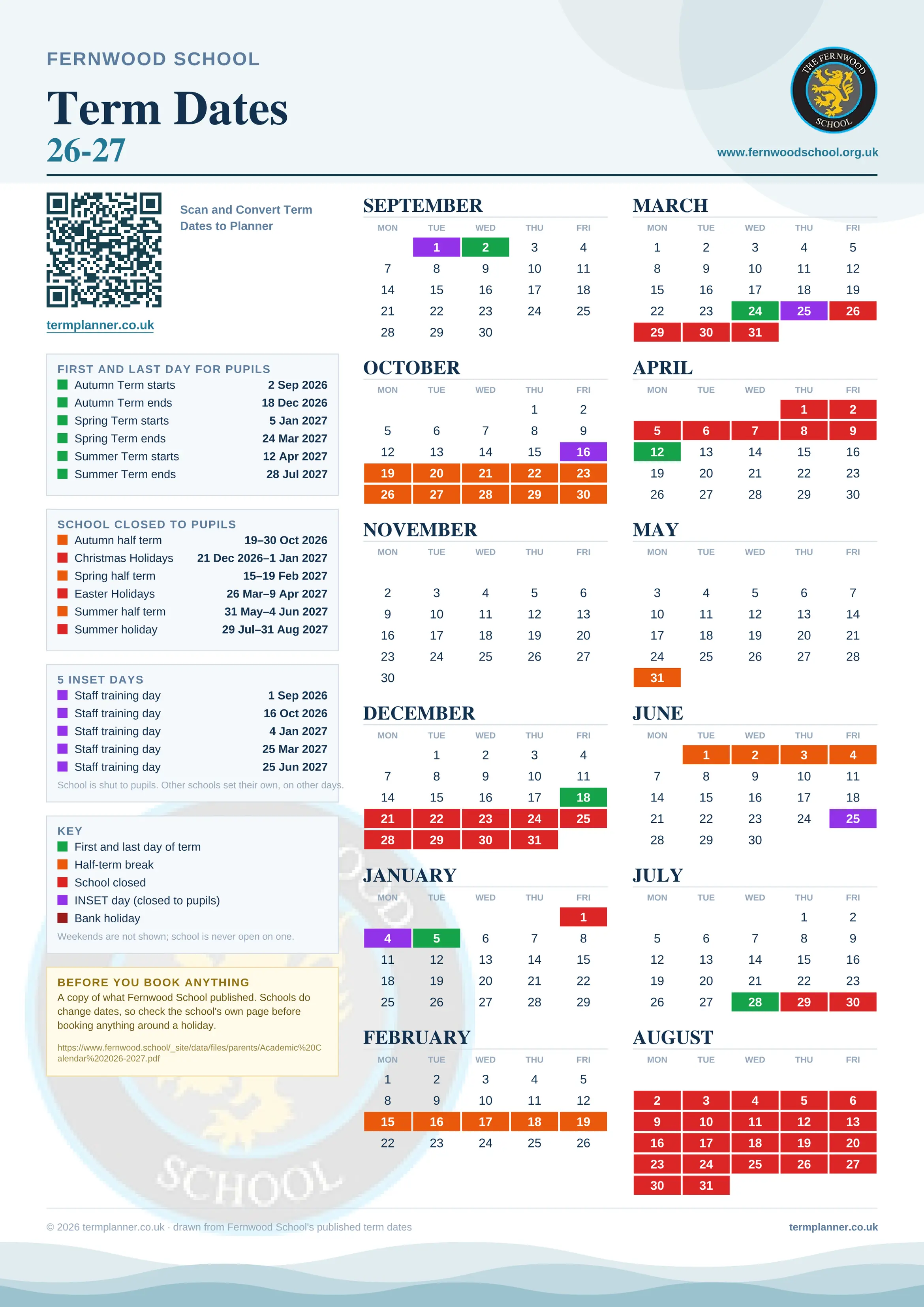 Fernwood School’s 2026/27 school year drawn as one sheet: twelve month grids from September to August, Monday to Friday, with autumn term 2 September to 18 December 2026, spring term 5 January to 24 March 2027, summer term 12 April to 28 July 2027. Half terms, holidays and bank holidays are filled in colour, the first and last day of each term is marked, 5 INSET days are picked out, and every date is listed again in words down the left.