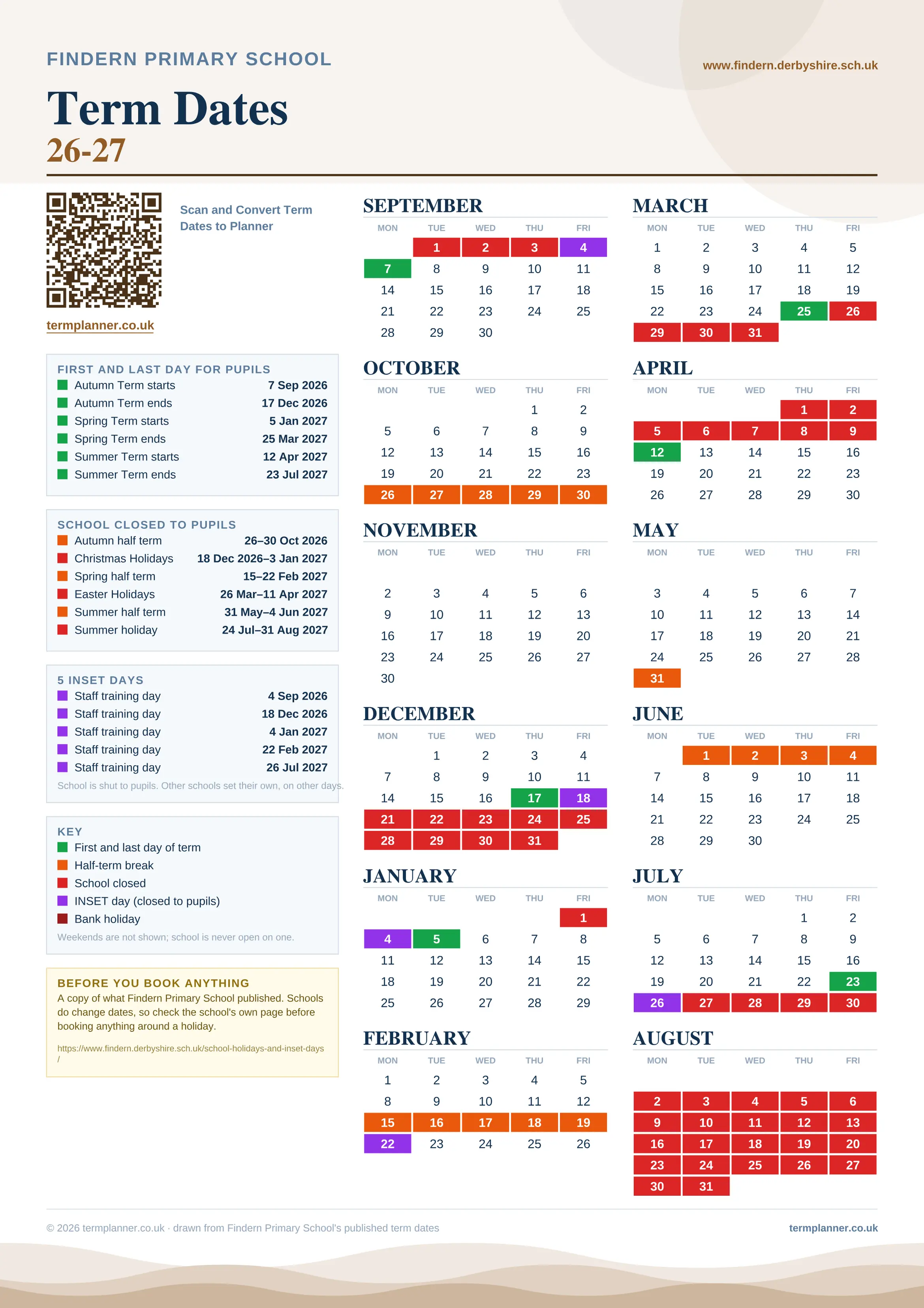 Findern Primary School’s 2026/27 school year drawn as one sheet: twelve month grids from September to August, Monday to Friday, with autumn term 7 September to 17 December 2026, spring term 5 January to 25 March 2027, summer term 12 April to 23 July 2027. Half terms, holidays and bank holidays are filled in colour, the first and last day of each term is marked, 5 INSET days are picked out, and every date is listed again in words down the left.