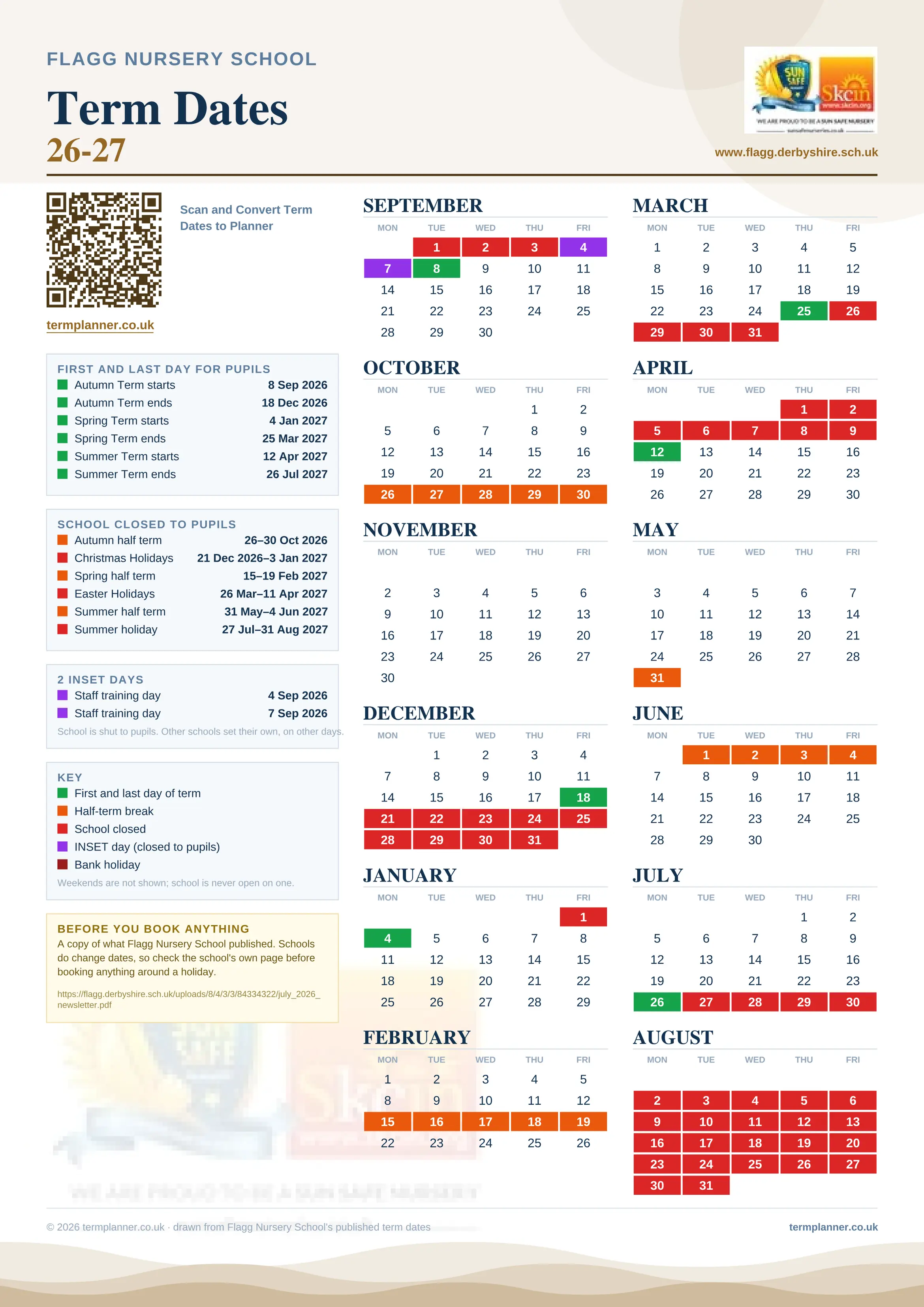 Flagg Nursery School’s 2026/27 school year drawn as one sheet: twelve month grids from September to August, Monday to Friday, with autumn term 8 September to 18 December 2026, spring term 4 January to 25 March 2027, summer term 12 April to 26 July 2027. Half terms, holidays and bank holidays are filled in colour, the first and last day of each term is marked, 2 INSET days are picked out, and every date is listed again in words down the left.