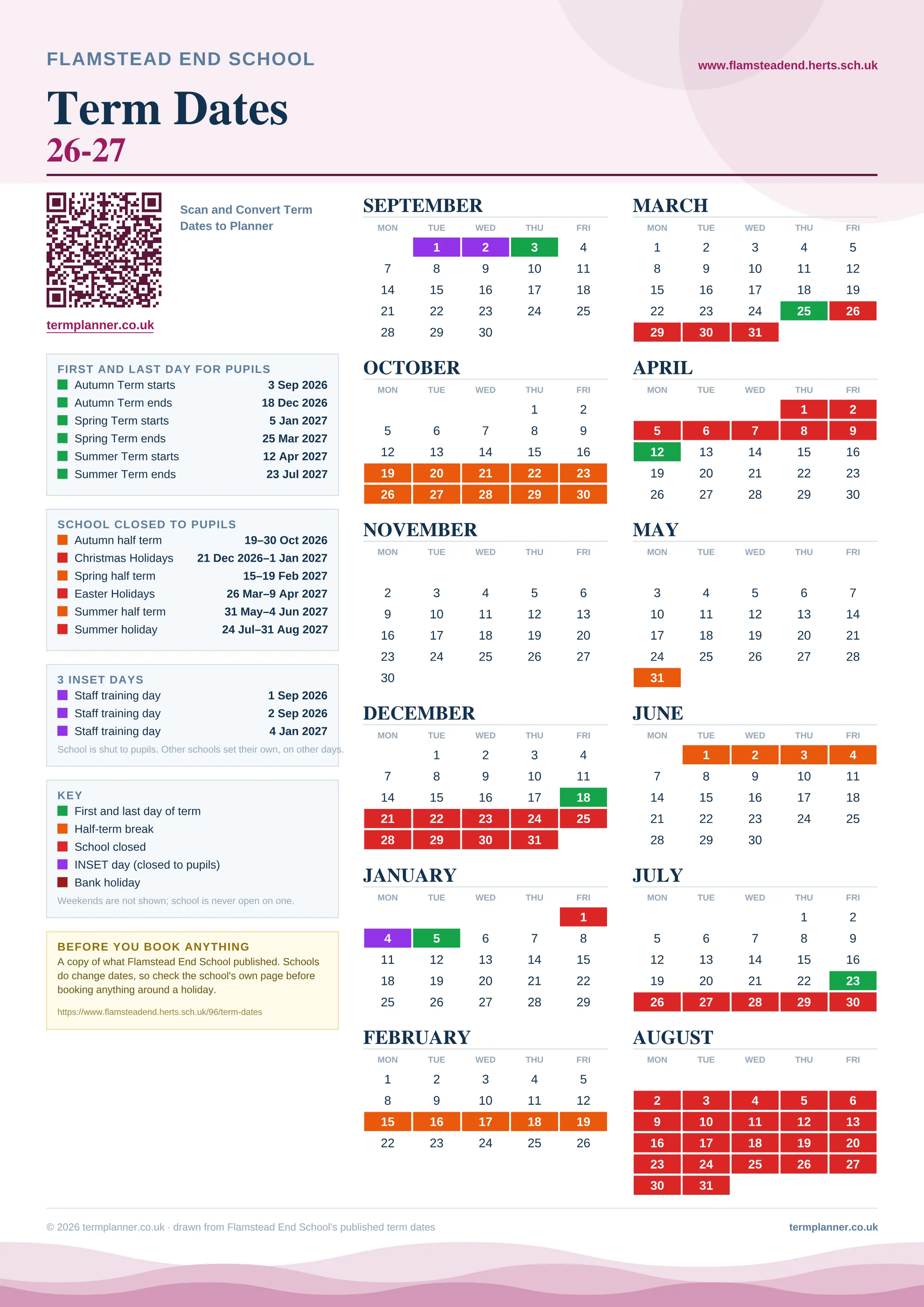 Flamstead End School’s 2026/27 school year drawn as one sheet: twelve month grids from September to August, Monday to Friday, with autumn term 3 September to 18 December 2026, spring term 5 January to 25 March 2027, summer term 12 April to 23 July 2027. Half terms, holidays and bank holidays are filled in colour, the first and last day of each term is marked, 3 INSET days are picked out, and every date is listed again in words down the left.
