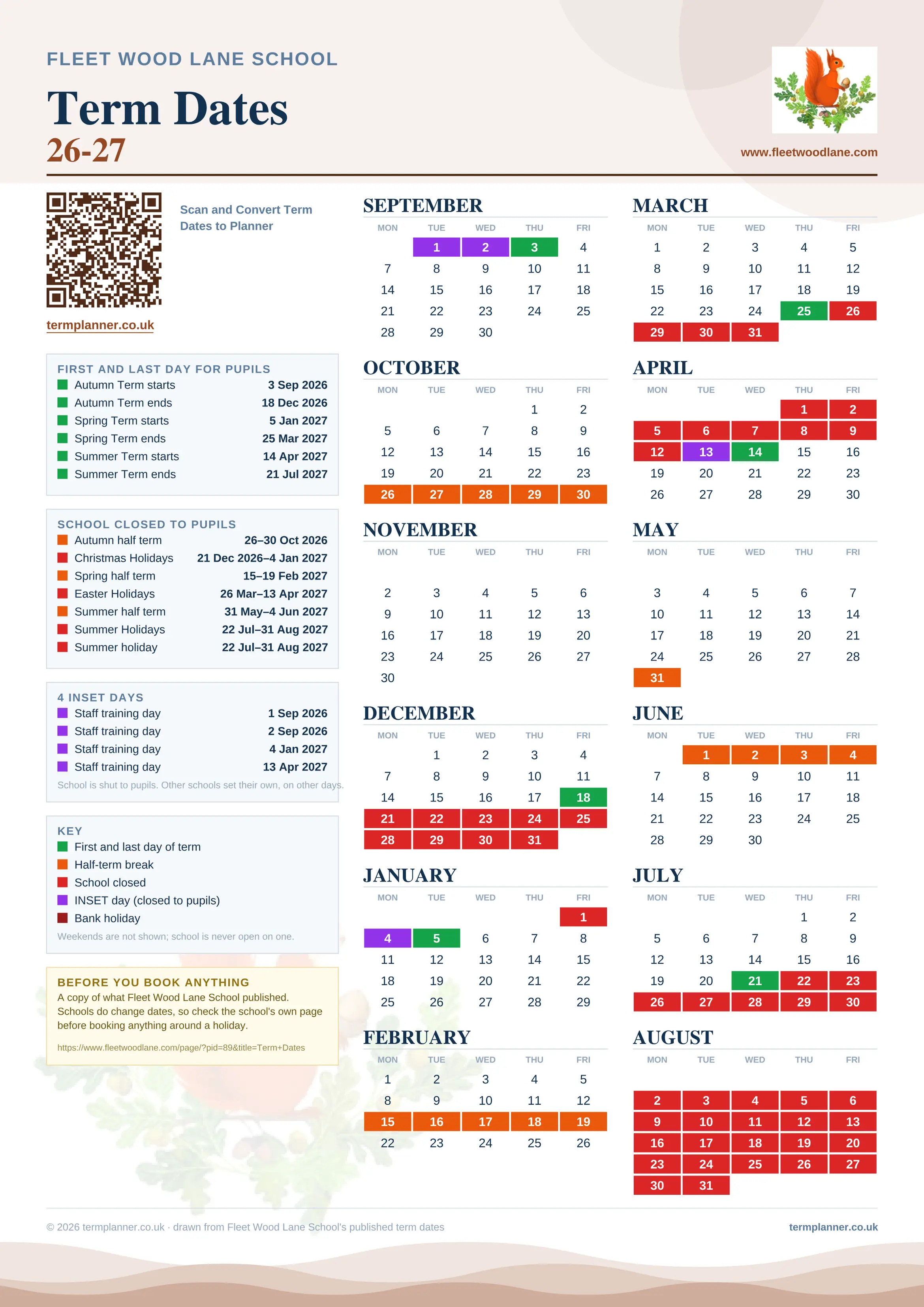Fleet Wood Lane School’s 2026/27 school year drawn as one sheet: twelve month grids from September to August, Monday to Friday, with autumn term 3 September to 18 December 2026, spring term 5 January to 25 March 2027, summer term 14 April to 21 July 2027. Half terms, holidays and bank holidays are filled in colour, the first and last day of each term is marked, 4 INSET days are picked out, and every date is listed again in words down the left.