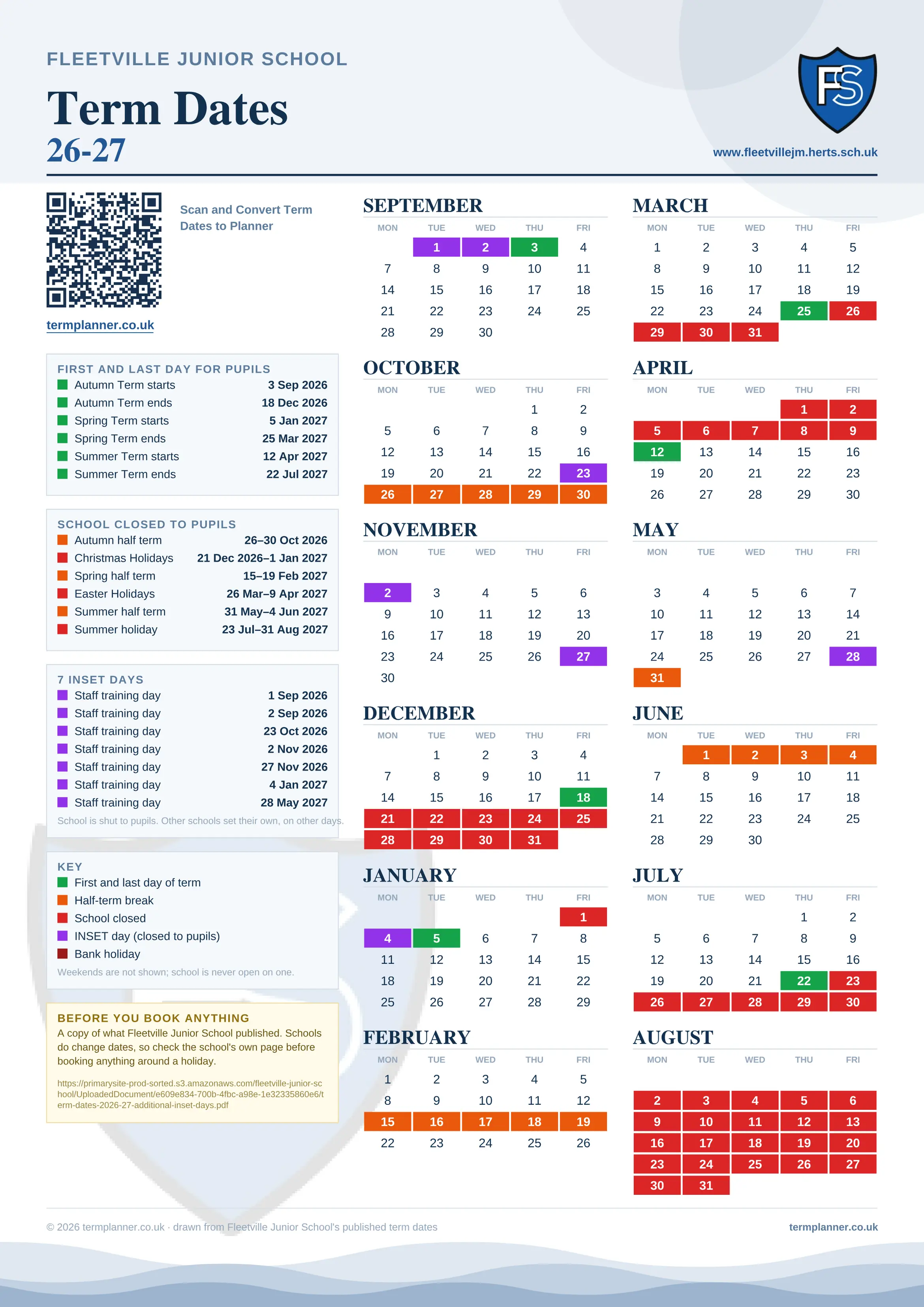 Fleetville Junior School’s 2026/27 school year drawn as one sheet: twelve month grids from September to August, Monday to Friday, with autumn term 3 September to 18 December 2026, spring term 5 January to 25 March 2027, summer term 12 April to 22 July 2027. Half terms, holidays and bank holidays are filled in colour, the first and last day of each term is marked, 7 INSET days are picked out, and every date is listed again in words down the left.