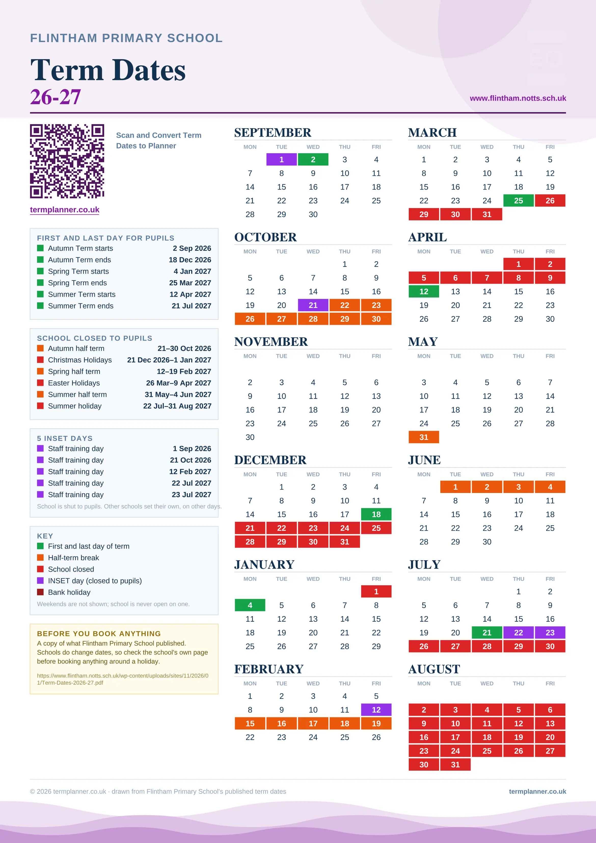 Flintham Primary School’s 2026/27 school year drawn as one sheet: twelve month grids from September to August, Monday to Friday, with autumn term 2 September to 18 December 2026, spring term 4 January to 25 March 2027, summer term 12 April to 21 July 2027. Half terms, holidays and bank holidays are filled in colour, the first and last day of each term is marked, 5 INSET days are picked out, and every date is listed again in words down the left.