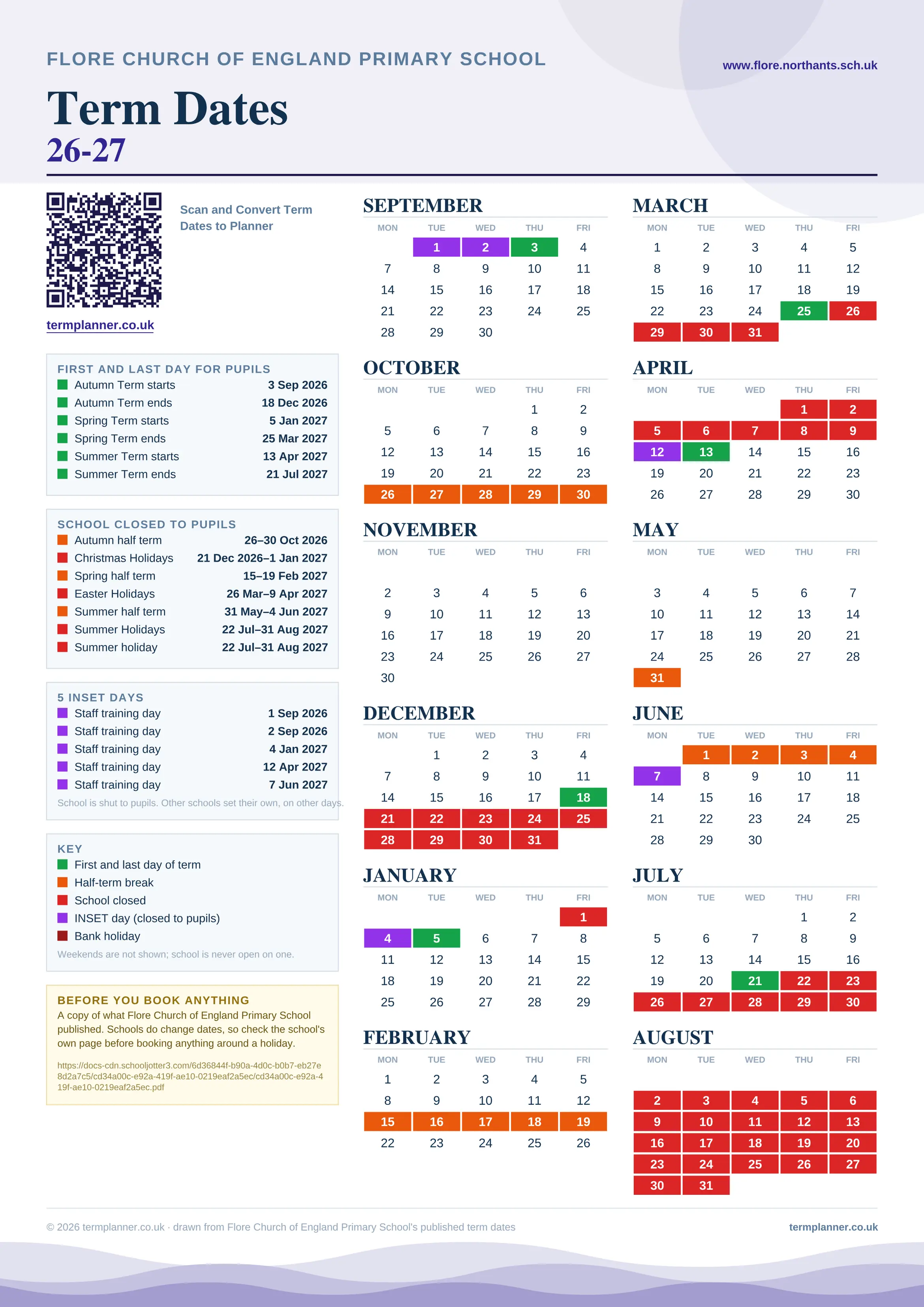 Flore Church of England Primary School’s 2026/27 school year drawn as one sheet: twelve month grids from September to August, Monday to Friday, with autumn term 3 September to 18 December 2026, spring term 5 January to 25 March 2027, summer term 13 April to 21 July 2027. Half terms, holidays and bank holidays are filled in colour, the first and last day of each term is marked, 5 INSET days are picked out, and every date is listed again in words down the left.