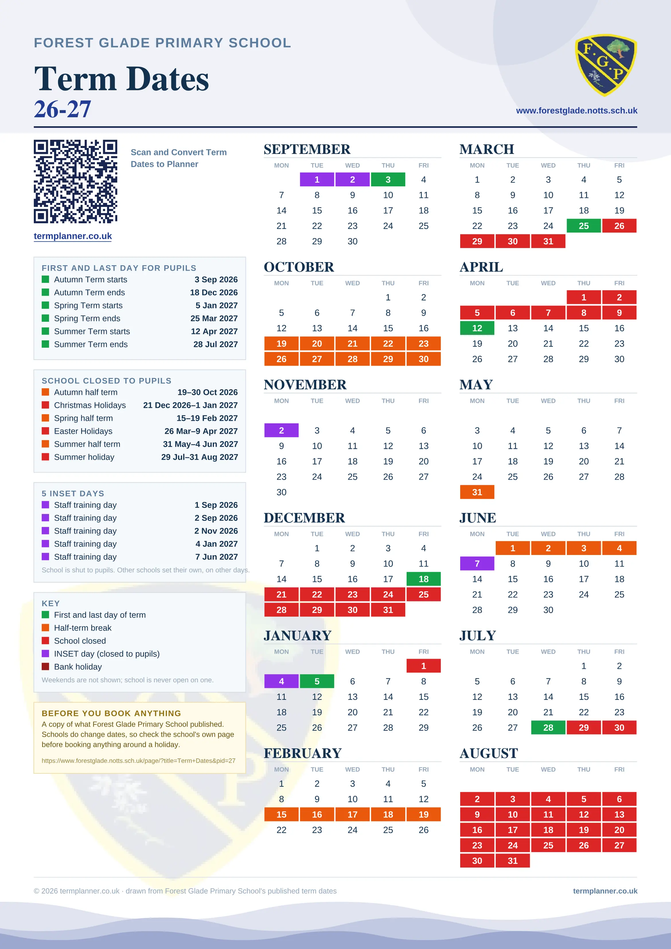 Forest Glade Primary School’s 2026/27 school year drawn as one sheet: twelve month grids from September to August, Monday to Friday, with autumn term 3 September to 18 December 2026, spring term 5 January to 25 March 2027, summer term 12 April to 28 July 2027. Half terms, holidays and bank holidays are filled in colour, the first and last day of each term is marked, 5 INSET days are picked out, and every date is listed again in words down the left.