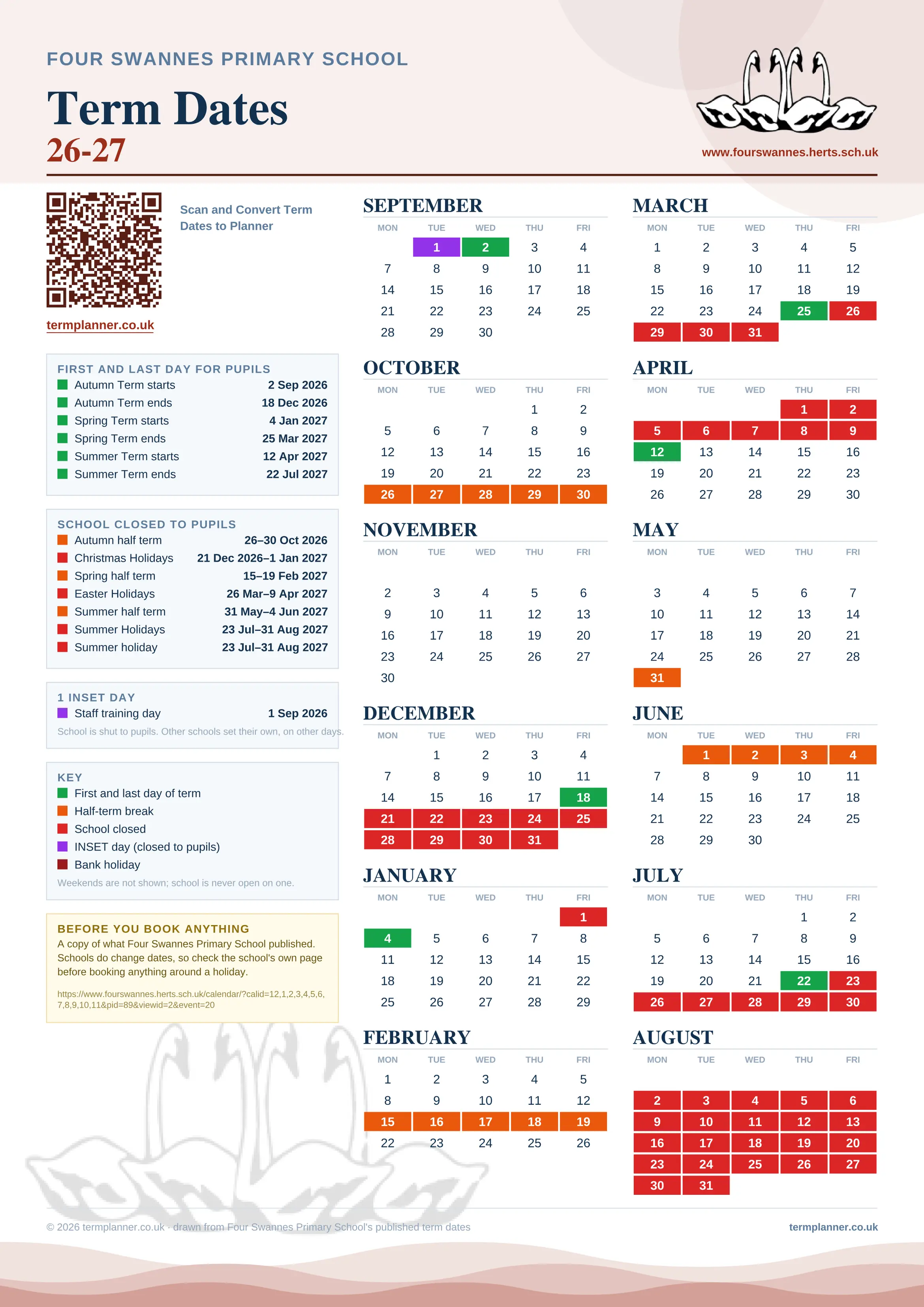 Four Swannes Primary School’s 2026/27 school year drawn as one sheet: twelve month grids from September to August, Monday to Friday, with autumn term 2 September to 18 December 2026, spring term 4 January to 25 March 2027, summer term 12 April to 22 July 2027. Half terms, holidays and bank holidays are filled in colour, the first and last day of each term is marked, 1 INSET day is picked out, and every date is listed again in words down the left.