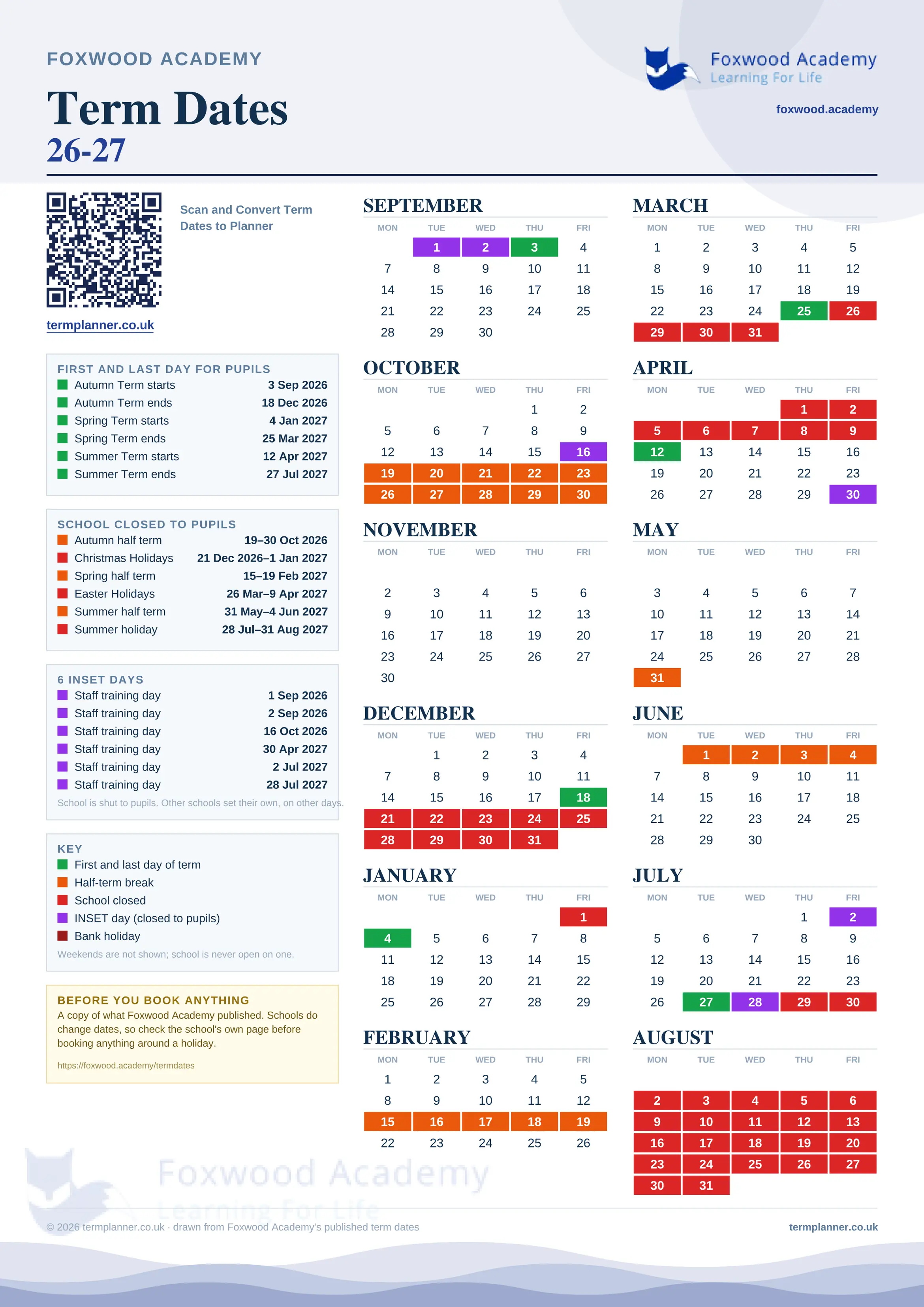 Foxwood Academy’s 2026/27 school year drawn as one sheet: twelve month grids from September to August, Monday to Friday, with autumn term 3 September to 18 December 2026, spring term 4 January to 25 March 2027, summer term 12 April to 27 July 2027. Half terms, holidays and bank holidays are filled in colour, the first and last day of each term is marked, 6 INSET days are picked out, and every date is listed again in words down the left.