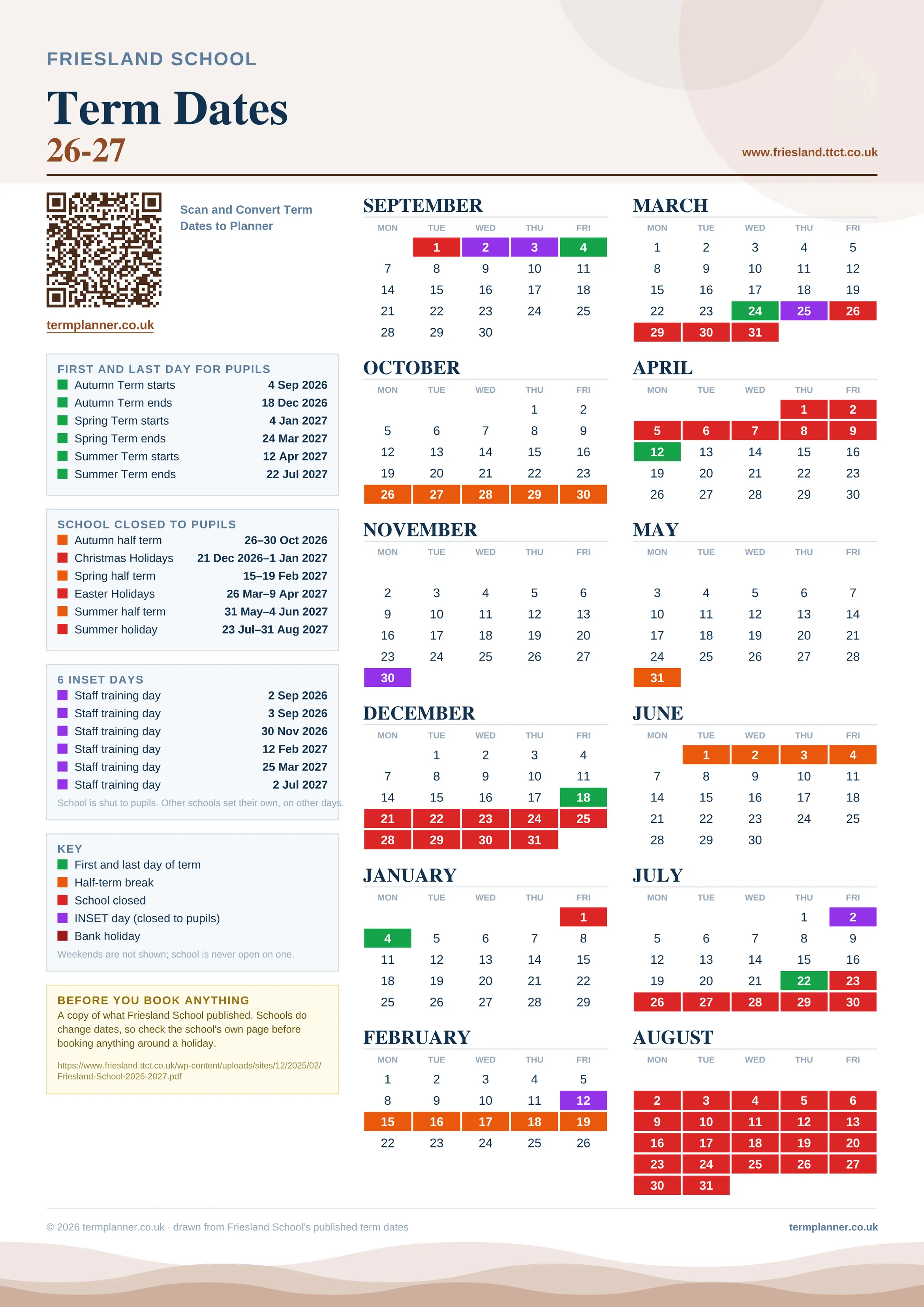Friesland School’s 2026/27 school year drawn as one sheet: twelve month grids from September to August, Monday to Friday, with autumn term 4 September to 18 December 2026, spring term 4 January to 24 March 2027, summer term 12 April to 22 July 2027. Half terms, holidays and bank holidays are filled in colour, the first and last day of each term is marked, 6 INSET days are picked out, and every date is listed again in words down the left.