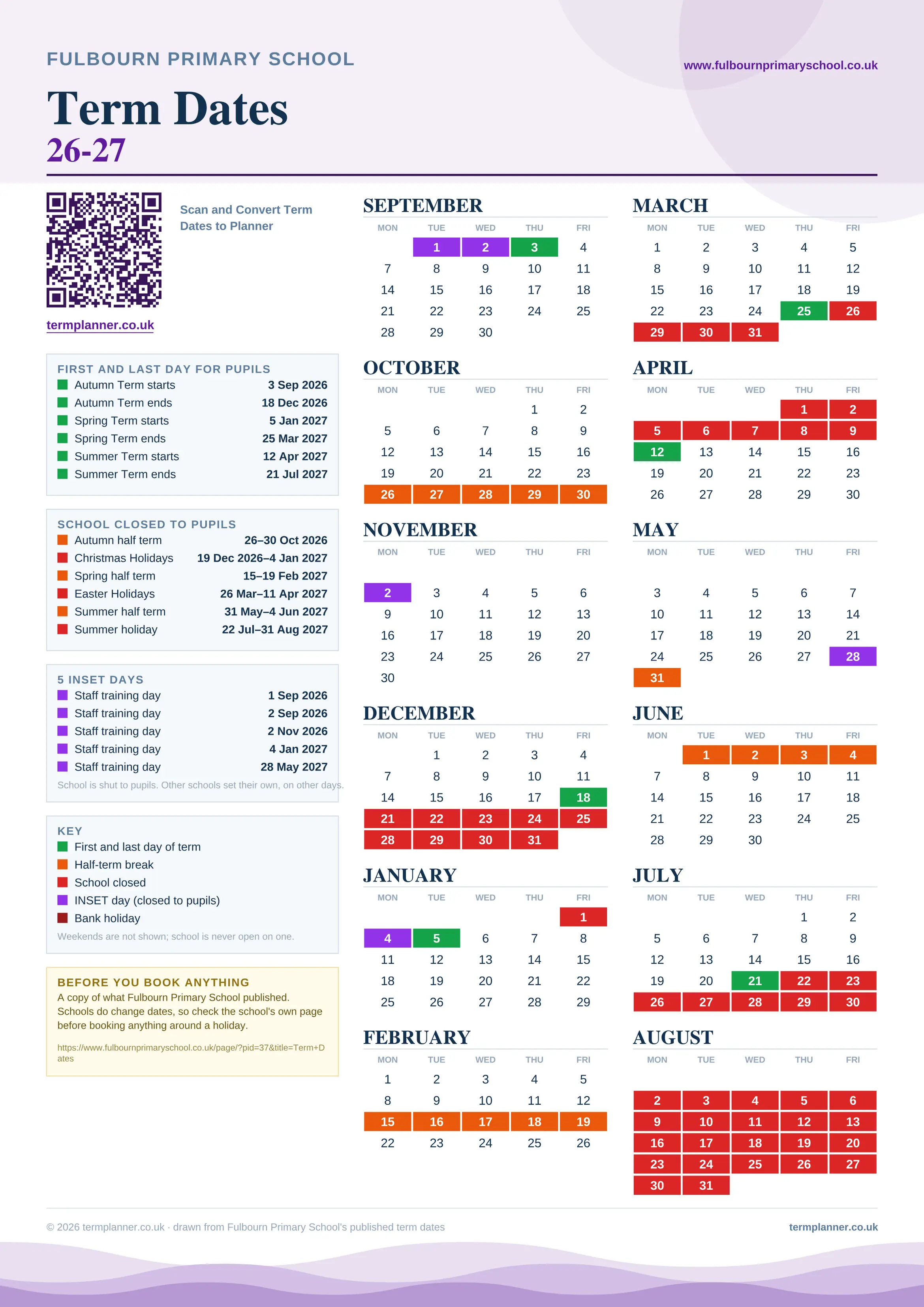Fulbourn Primary School’s 2026/27 school year drawn as one sheet: twelve month grids from September to August, Monday to Friday, with autumn term 3 September to 18 December 2026, spring term 5 January to 25 March 2027, summer term 12 April to 21 July 2027. Half terms, holidays and bank holidays are filled in colour, the first and last day of each term is marked, 5 INSET days are picked out, and every date is listed again in words down the left.