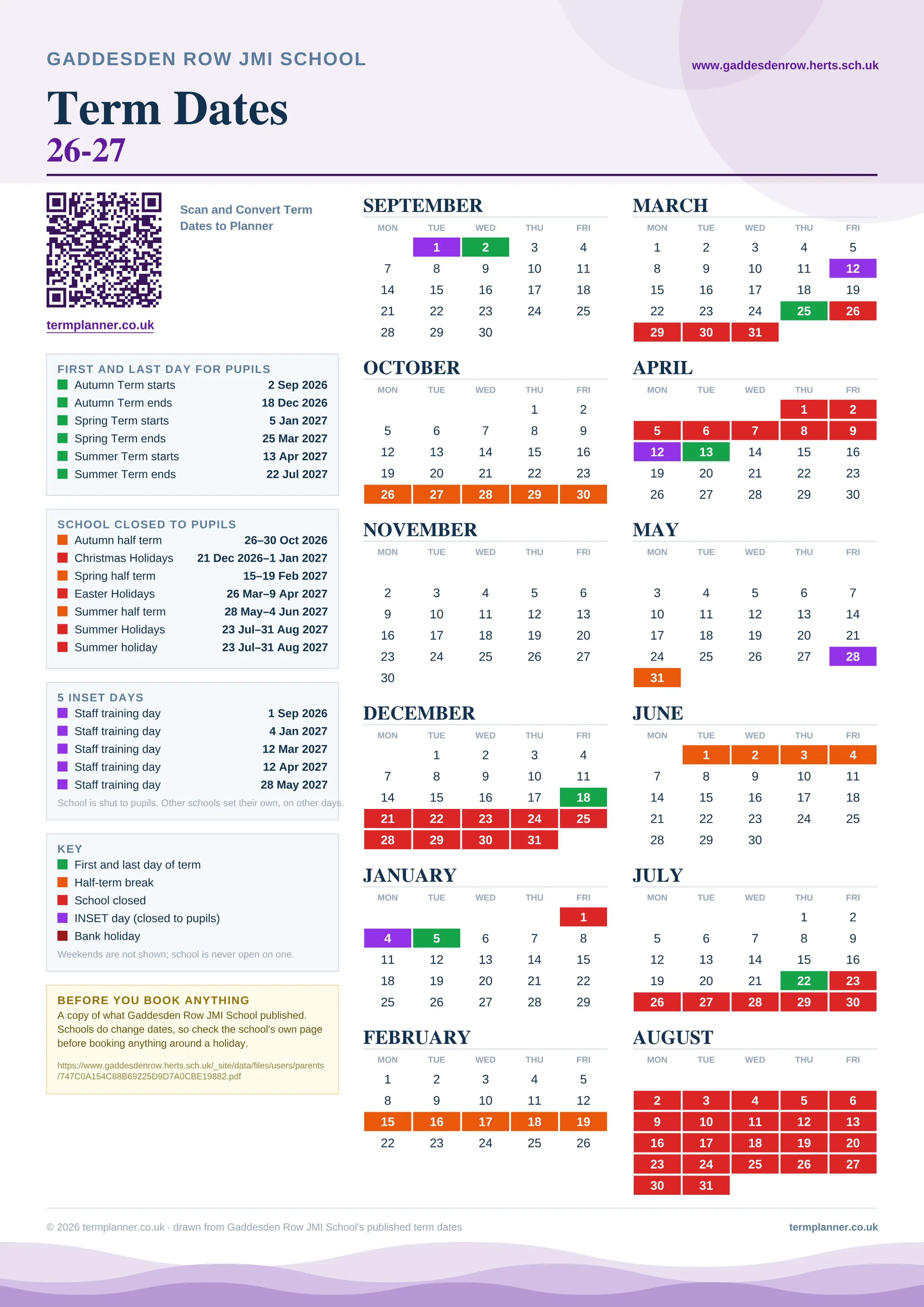 Gaddesden Row JMI School’s 2026/27 school year drawn as one sheet: twelve month grids from September to August, Monday to Friday, with autumn term 2 September to 18 December 2026, spring term 5 January to 25 March 2027, summer term 13 April to 22 July 2027. Half terms, holidays and bank holidays are filled in colour, the first and last day of each term is marked, 5 INSET days are picked out, and every date is listed again in words down the left.
