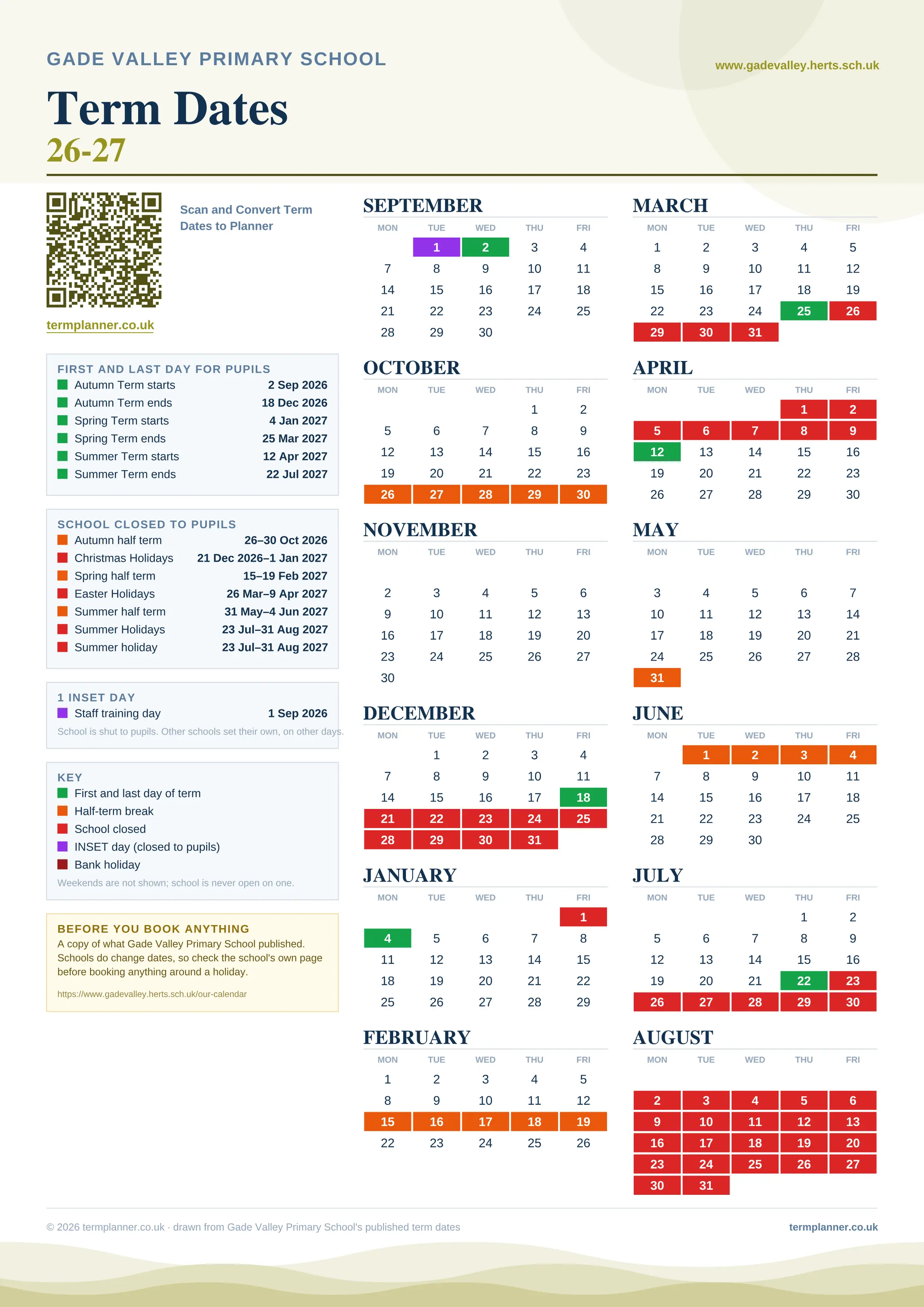 Gade Valley Primary School’s 2026/27 school year drawn as one sheet: twelve month grids from September to August, Monday to Friday, with autumn term 2 September to 18 December 2026, spring term 4 January to 25 March 2027, summer term 12 April to 22 July 2027. Half terms, holidays and bank holidays are filled in colour, the first and last day of each term is marked, 1 INSET day is picked out, and every date is listed again in words down the left.