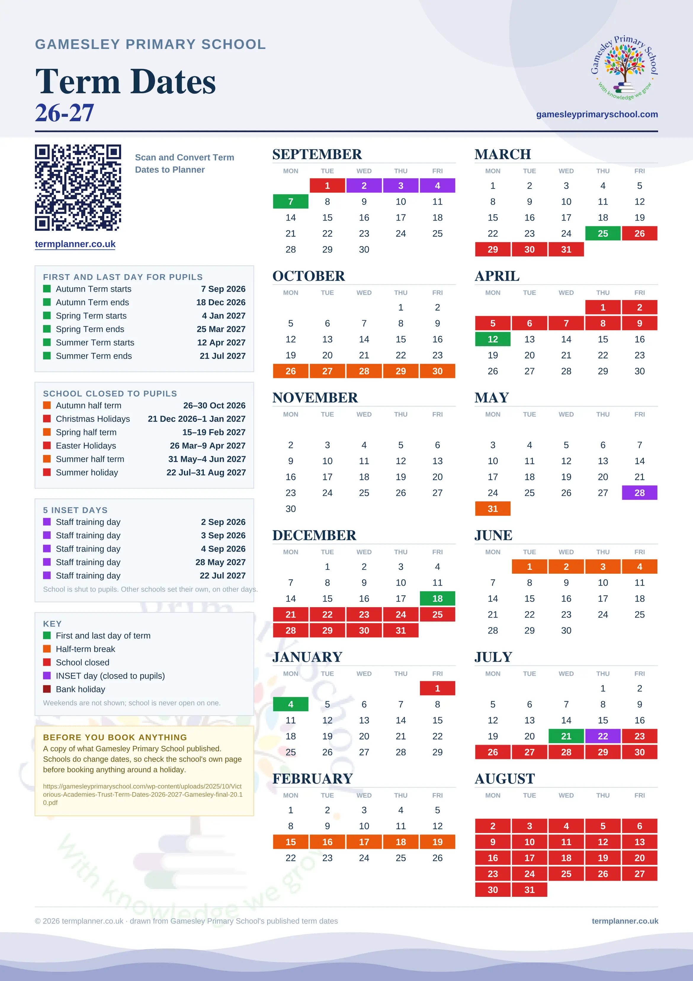 Gamesley Primary School’s 2026/27 school year drawn as one sheet: twelve month grids from September to August, Monday to Friday, with autumn term 7 September to 18 December 2026, spring term 4 January to 25 March 2027, summer term 12 April to 21 July 2027. Half terms, holidays and bank holidays are filled in colour, the first and last day of each term is marked, 5 INSET days are picked out, and every date is listed again in words down the left.