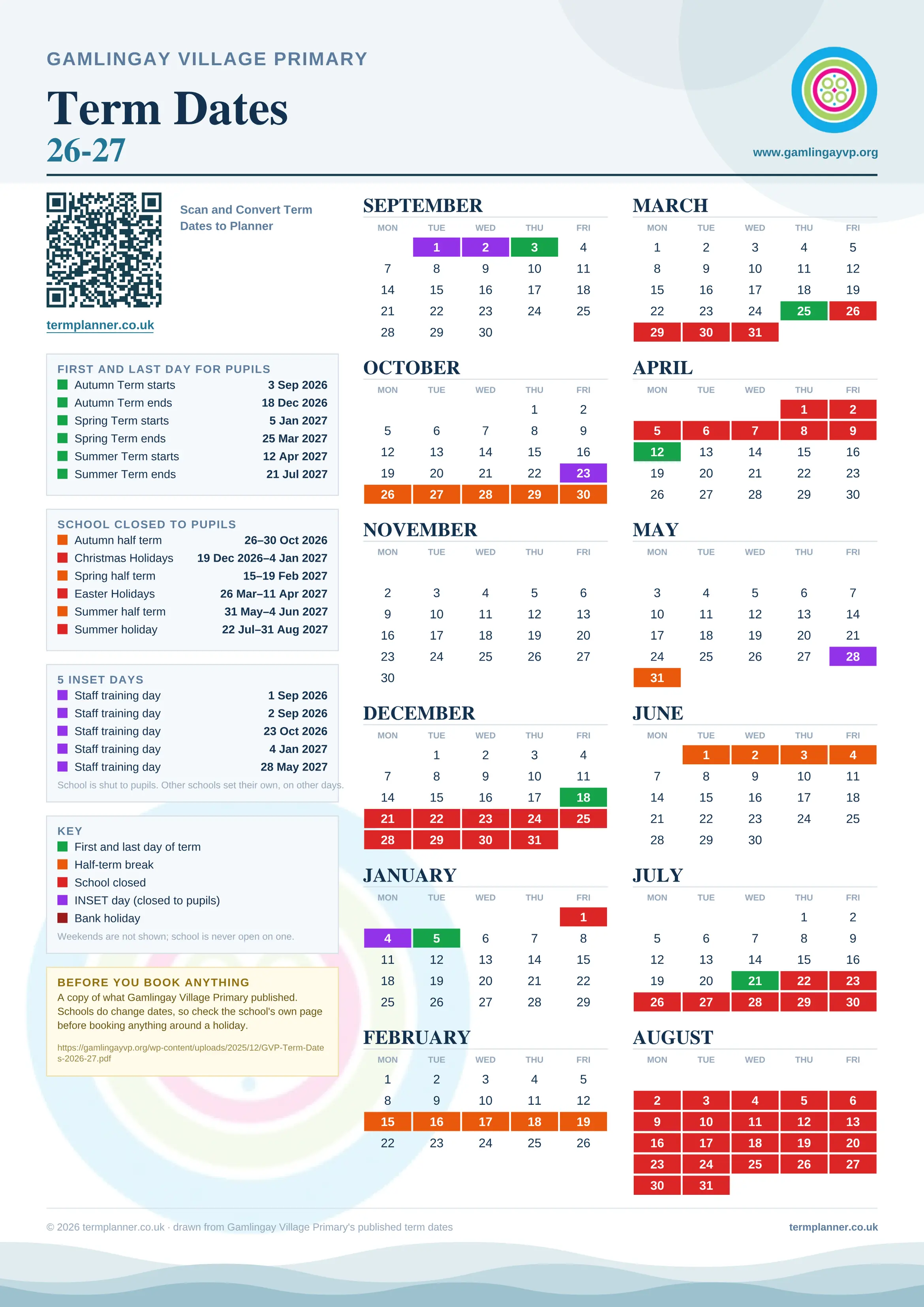 Gamlingay Village Primary’s 2026/27 school year drawn as one sheet: twelve month grids from September to August, Monday to Friday, with autumn term 3 September to 18 December 2026, spring term 5 January to 25 March 2027, summer term 12 April to 21 July 2027. Half terms, holidays and bank holidays are filled in colour, the first and last day of each term is marked, 5 INSET days are picked out, and every date is listed again in words down the left.