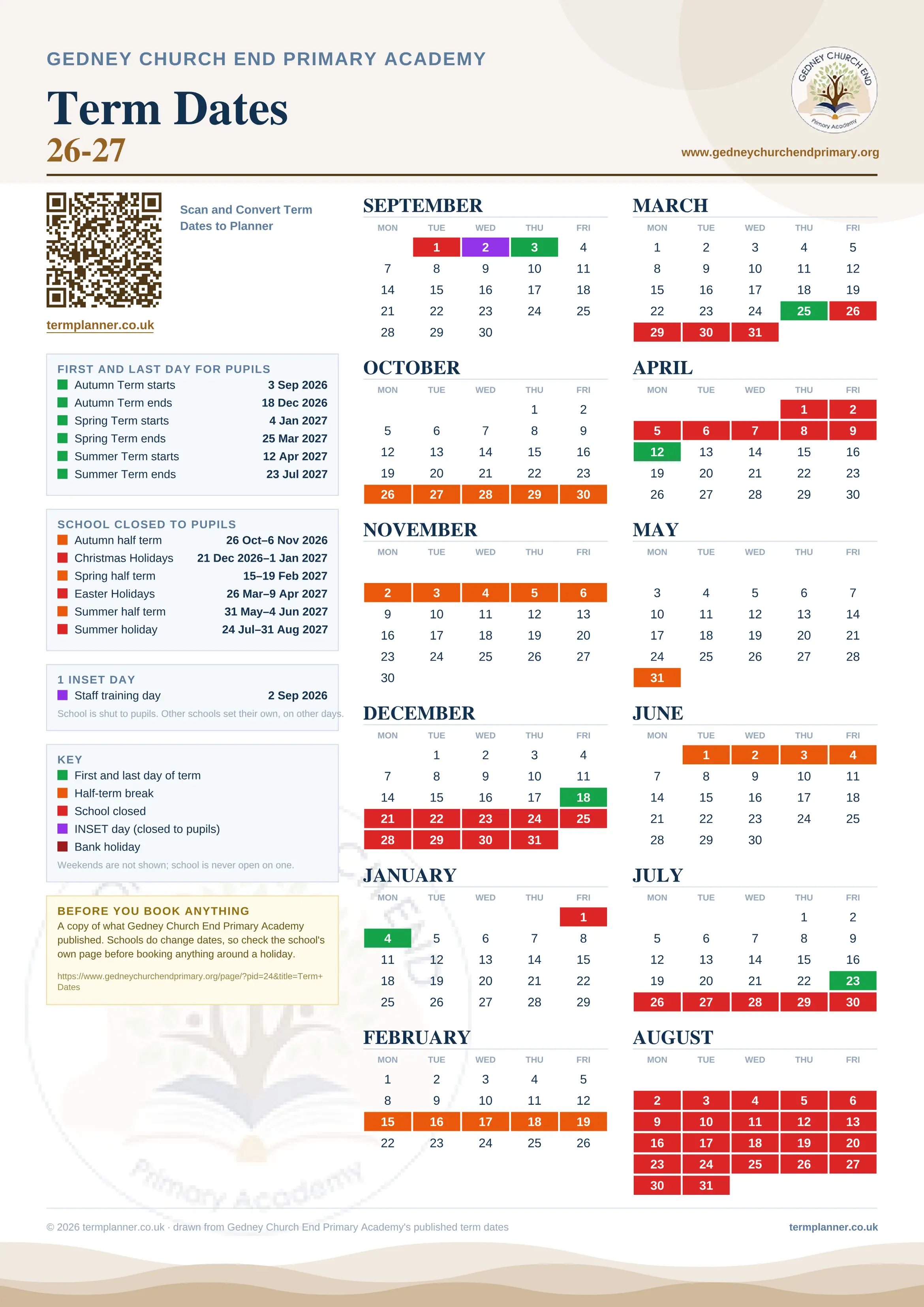 Gedney Church End Primary Academy’s 2026/27 school year drawn as one sheet: twelve month grids from September to August, Monday to Friday, with autumn term 3 September to 18 December 2026, spring term 4 January to 25 March 2027, summer term 12 April to 23 July 2027. Half terms, holidays and bank holidays are filled in colour, the first and last day of each term is marked, 1 INSET day is picked out, and every date is listed again in words down the left.