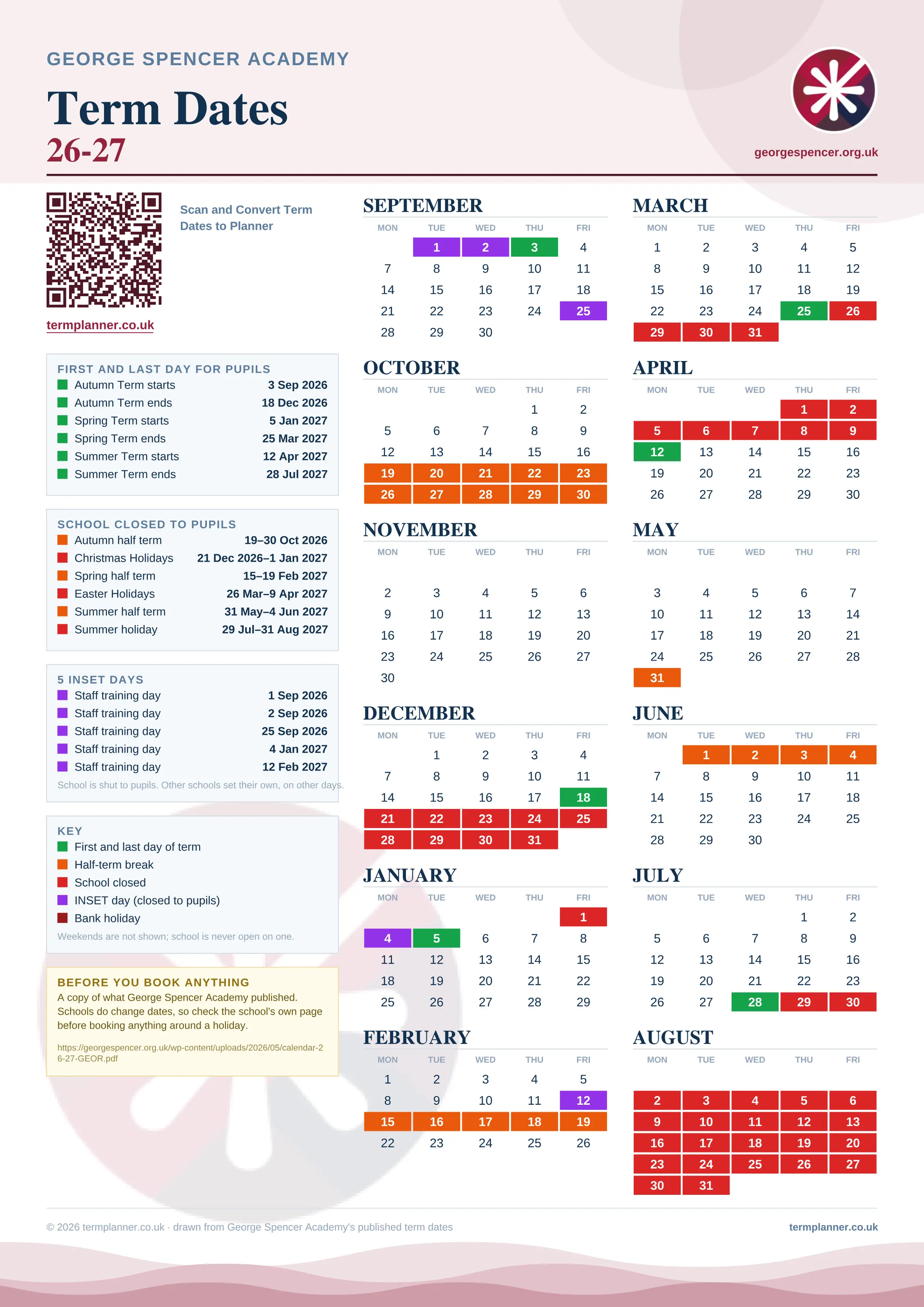 George Spencer Academy’s 2026/27 school year drawn as one sheet: twelve month grids from September to August, Monday to Friday, with autumn term 3 September to 18 December 2026, spring term 5 January to 25 March 2027, summer term 12 April to 28 July 2027. Half terms, holidays and bank holidays are filled in colour, the first and last day of each term is marked, 5 INSET days are picked out, and every date is listed again in words down the left.